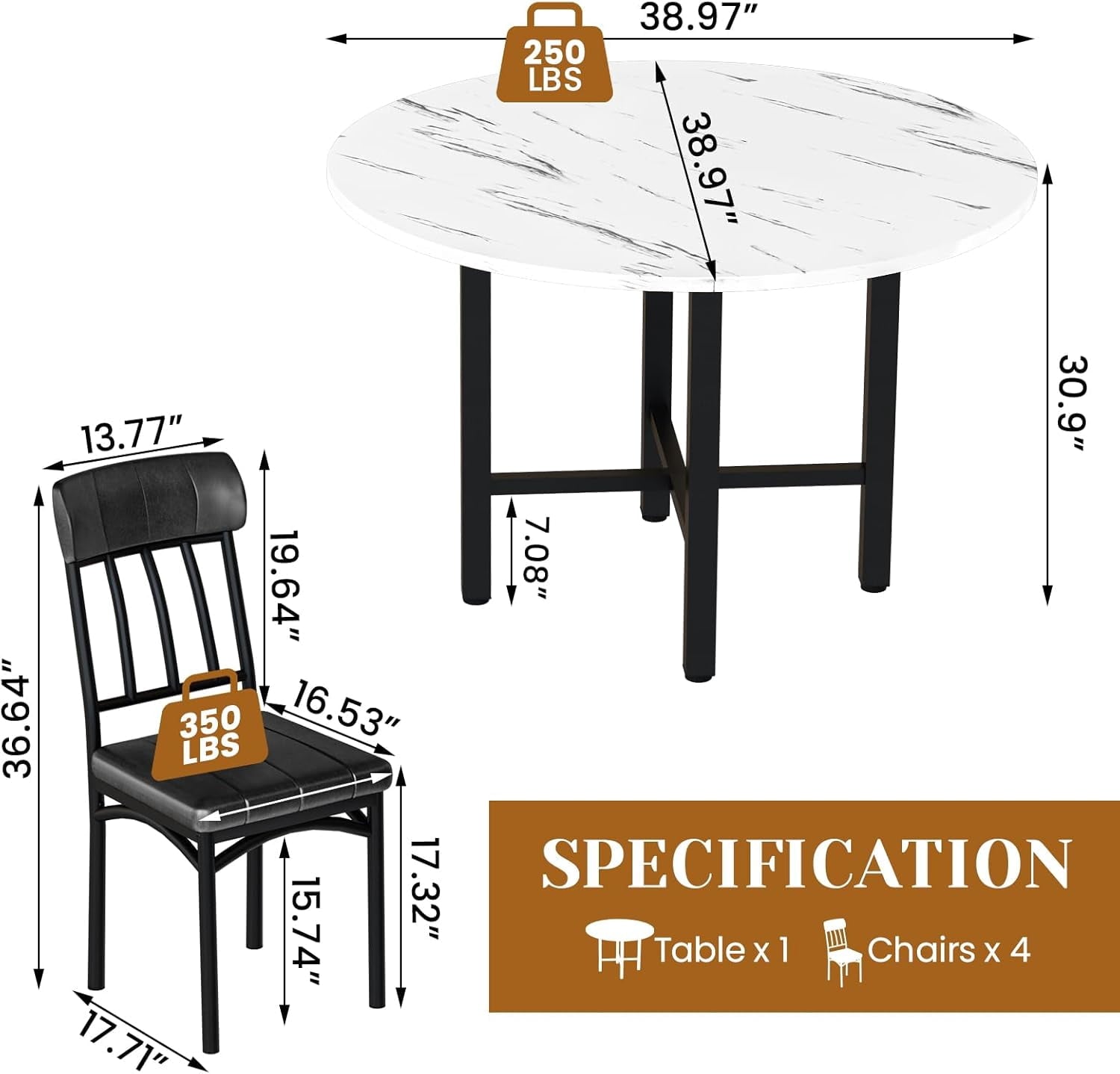 MIERES Round Dining Table Set for 4,Wood Round Kitchen Table and Chairs Set for 4,Modern Dining Room Table Set with 4 Faux Leather Chairs,Round Dinner Table for Small Space Gray