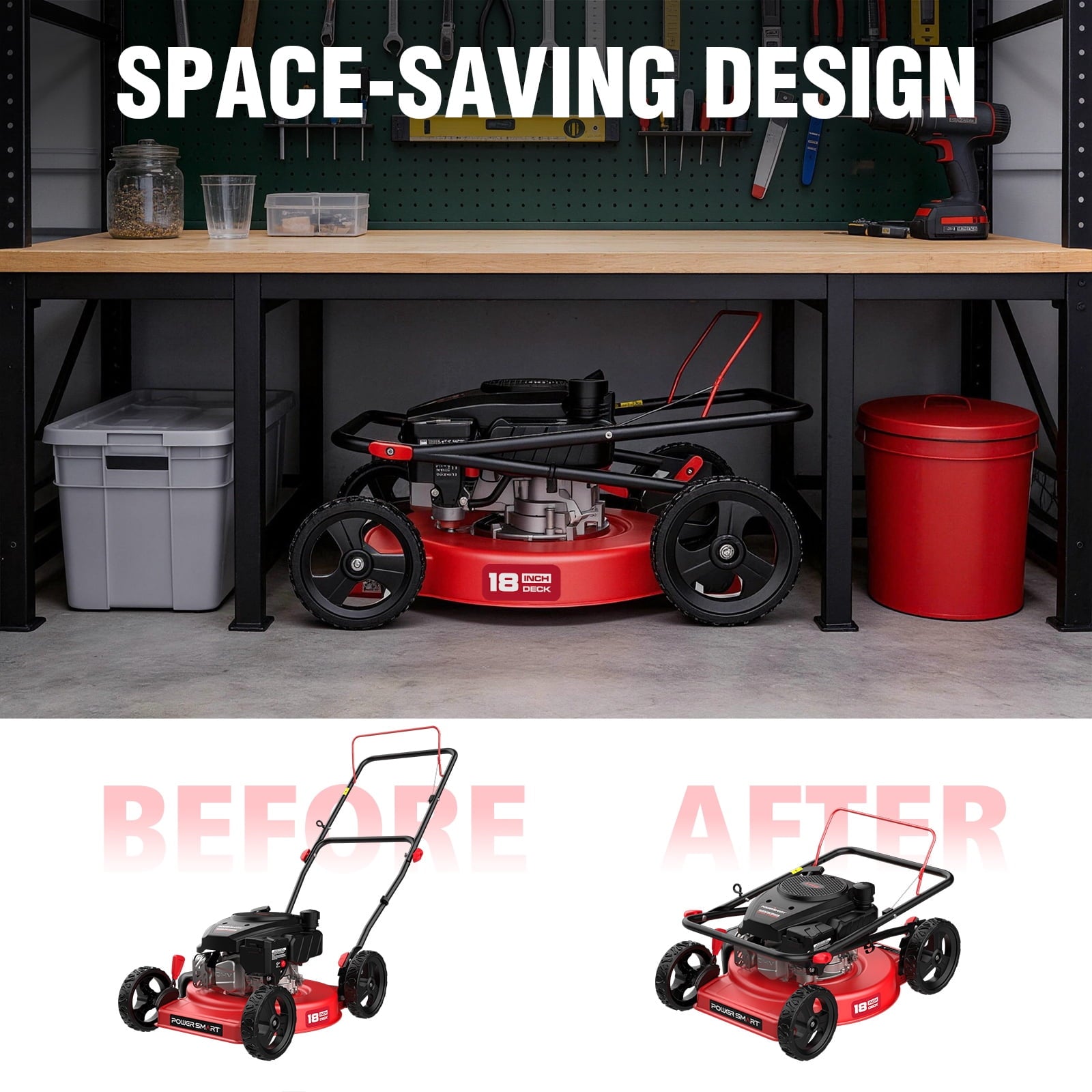 PowerSmart 144cc 18  Gas Push Lawn Mower, Steel Deck, 5-Position Height Adjustment