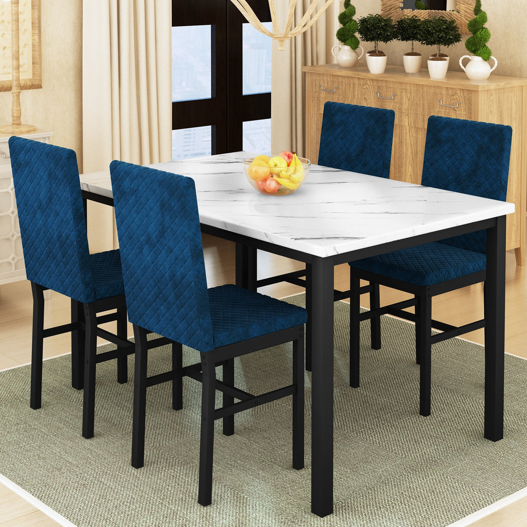 Cvortll 5 Piece Dining Table Set, Kitchen Table and Chairs Set for 4 with Faux Marble and 4 Velvet Upholstered Dining Chairs for Home, Restaurant, Black & Black