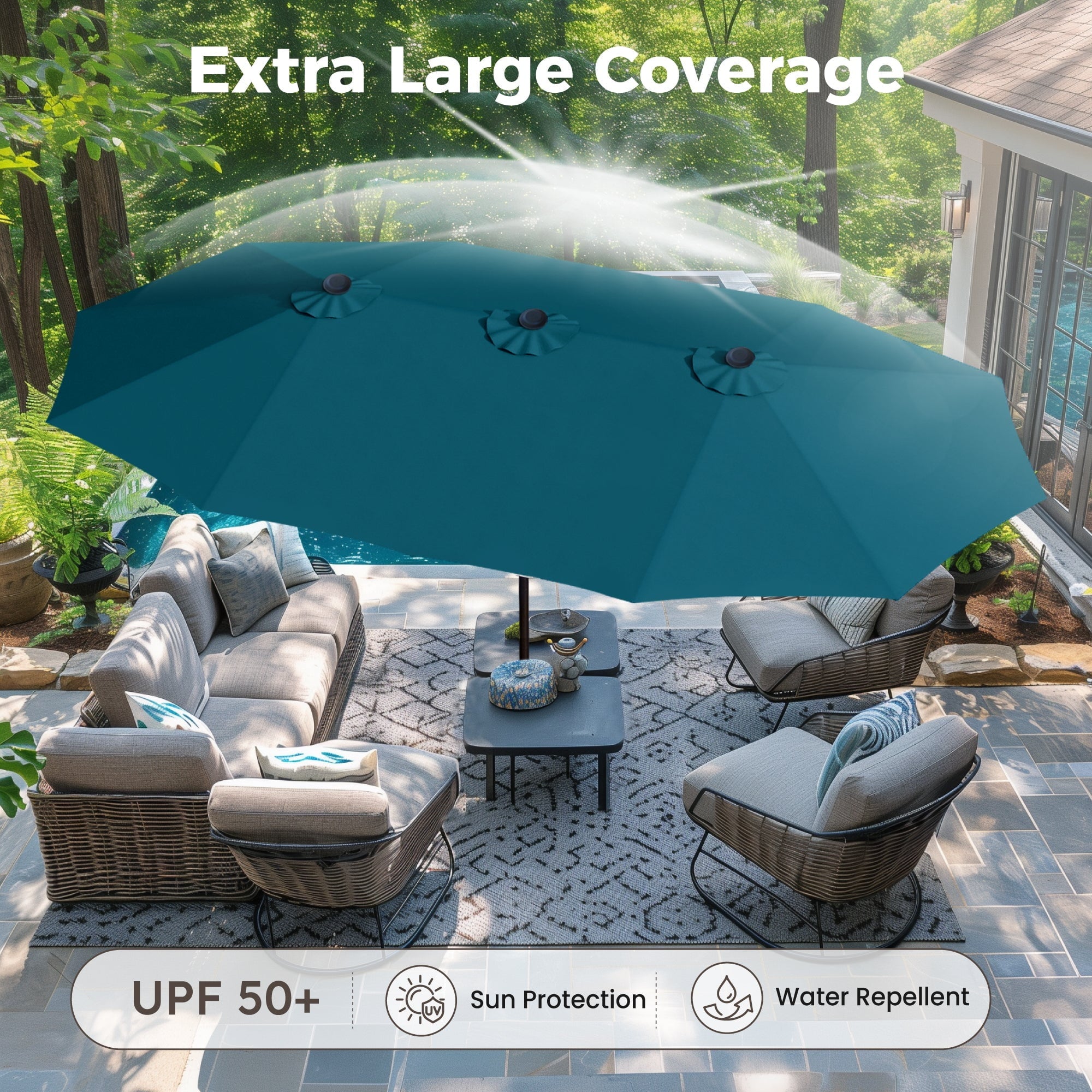 Alpha Joy 13ft Large Double-Sided Outdoor Patio Umbrella with Colorful Solar Lights, Navy Blue