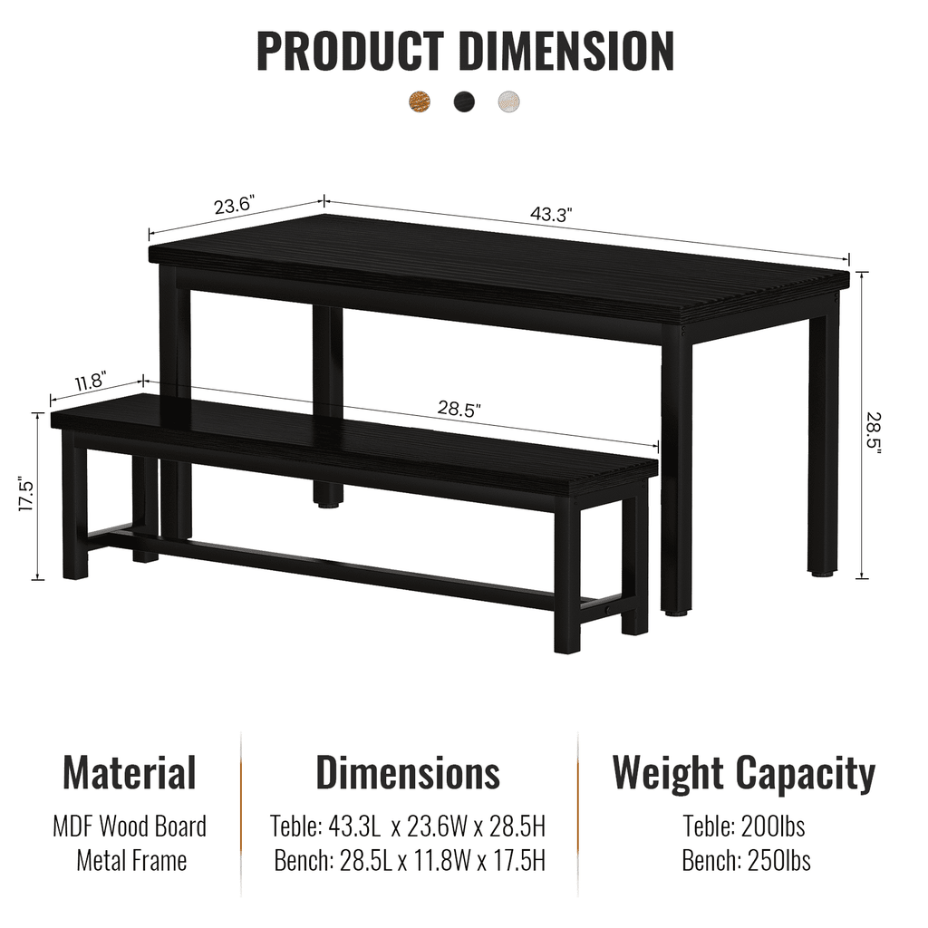 MIERES Kitchen Dining Set: Rectangular solid wood dining table with two benches, suitable for 2 to 4 people, small dining set, black