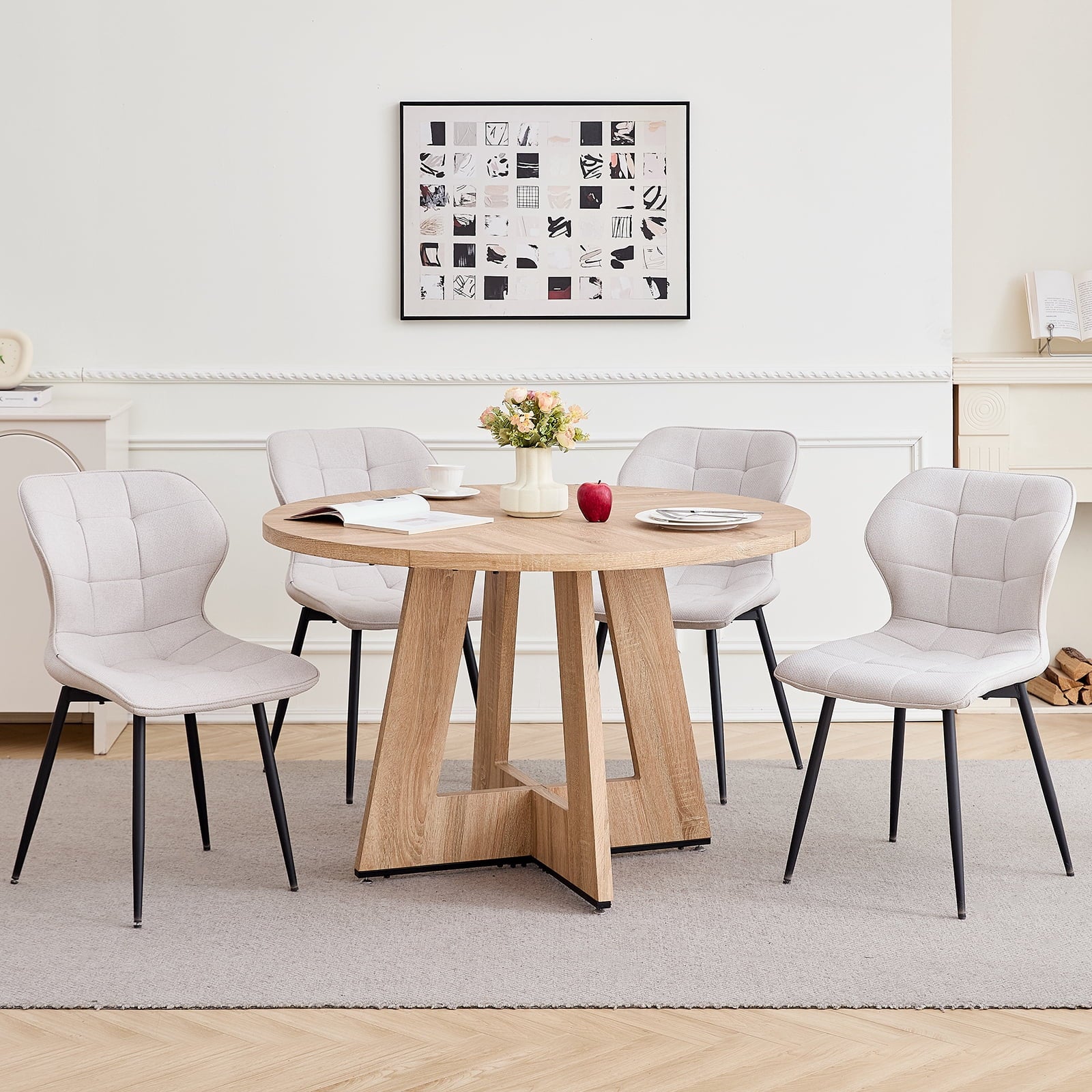 47 Round Dining Table Set for 4 Mid-Century Modern Kitchen Table with 4 Upholstered Chairs Kitchen Coffee Set Dining Table and Chairs for Living Room(Natural Table with 4 Beige Chairs)