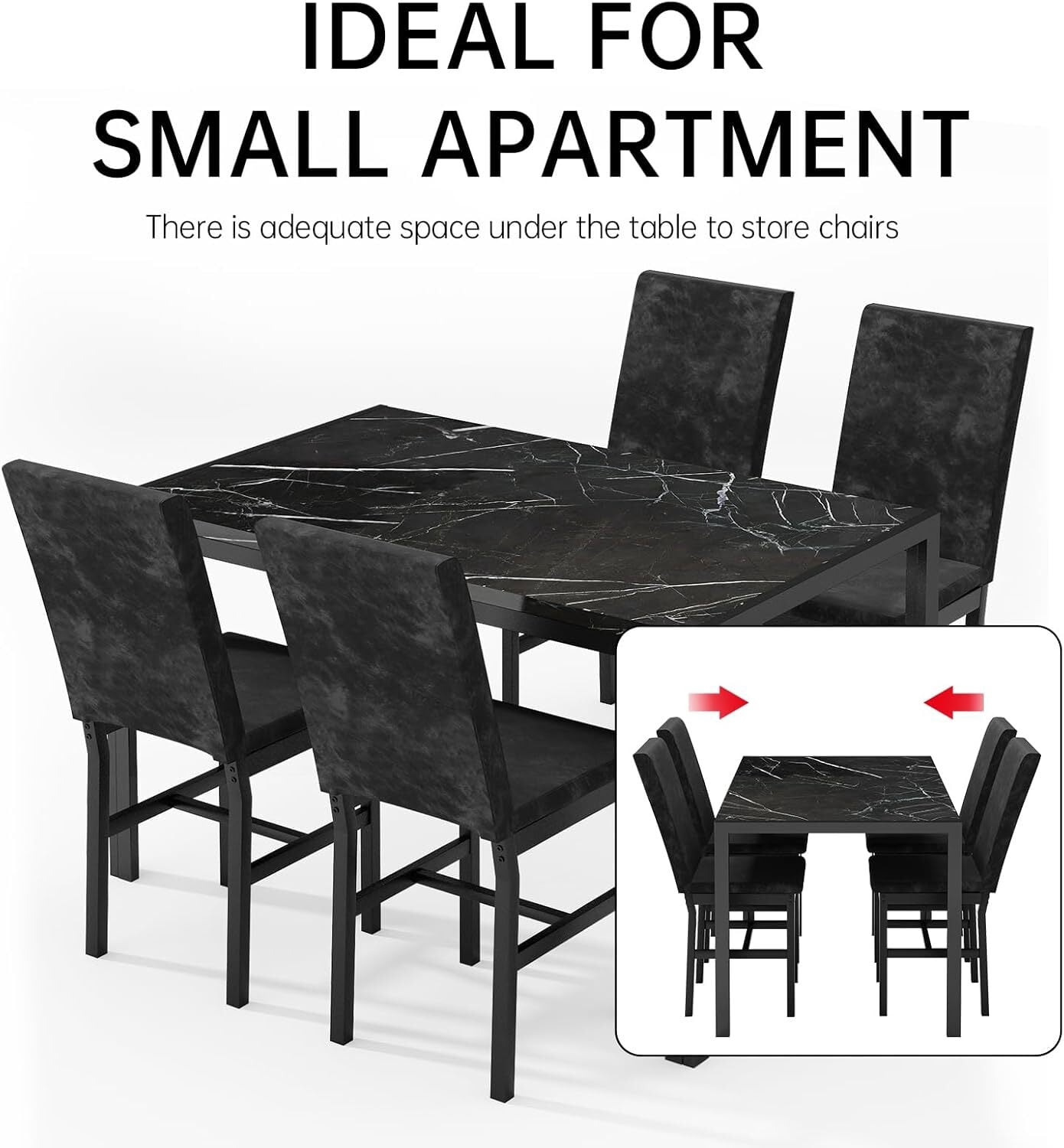 MOOSENG 5-Piece Dining Table Set with Faux Marble Top, Modern Kitchen Table and Set of 4 Grey Velvet Upholstered Chairs, Space-Saving Dinette Set for Small Spaces