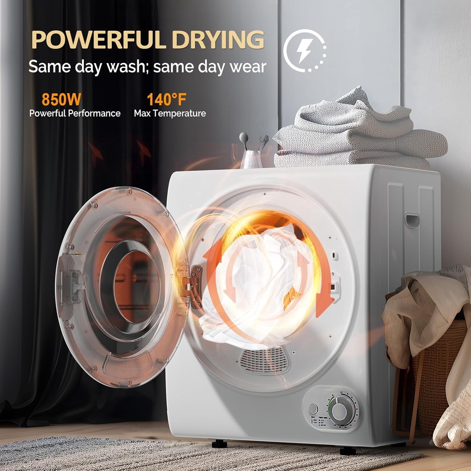 2.6 Cu.Ft White Compact Portable Laundry Dryer, 110V Electric Clothes Dryer with Stainless Steel Tub & Control Knob, Small Portable Dryer Machine for Apartment Dorm RV Indoor Use