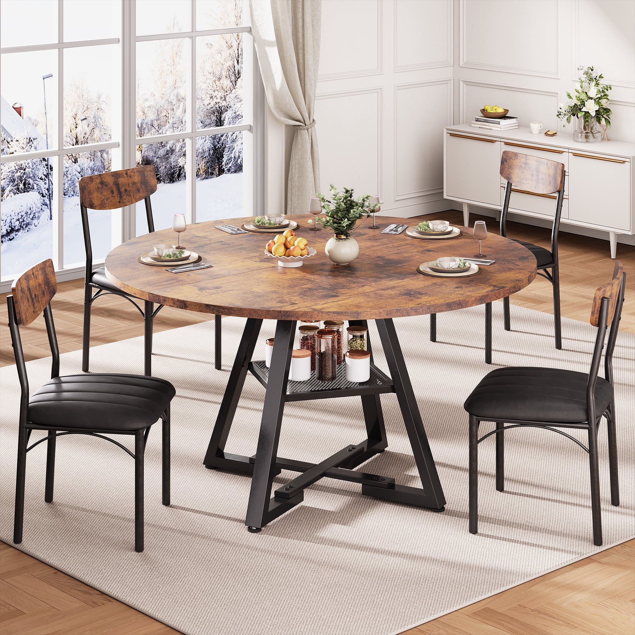 Hijob 47 inch Wood Dining Table for 4, Round Kitchen Dining Table with Storage Shelf for Home Dining Room Living Room, Brown(Only Table)