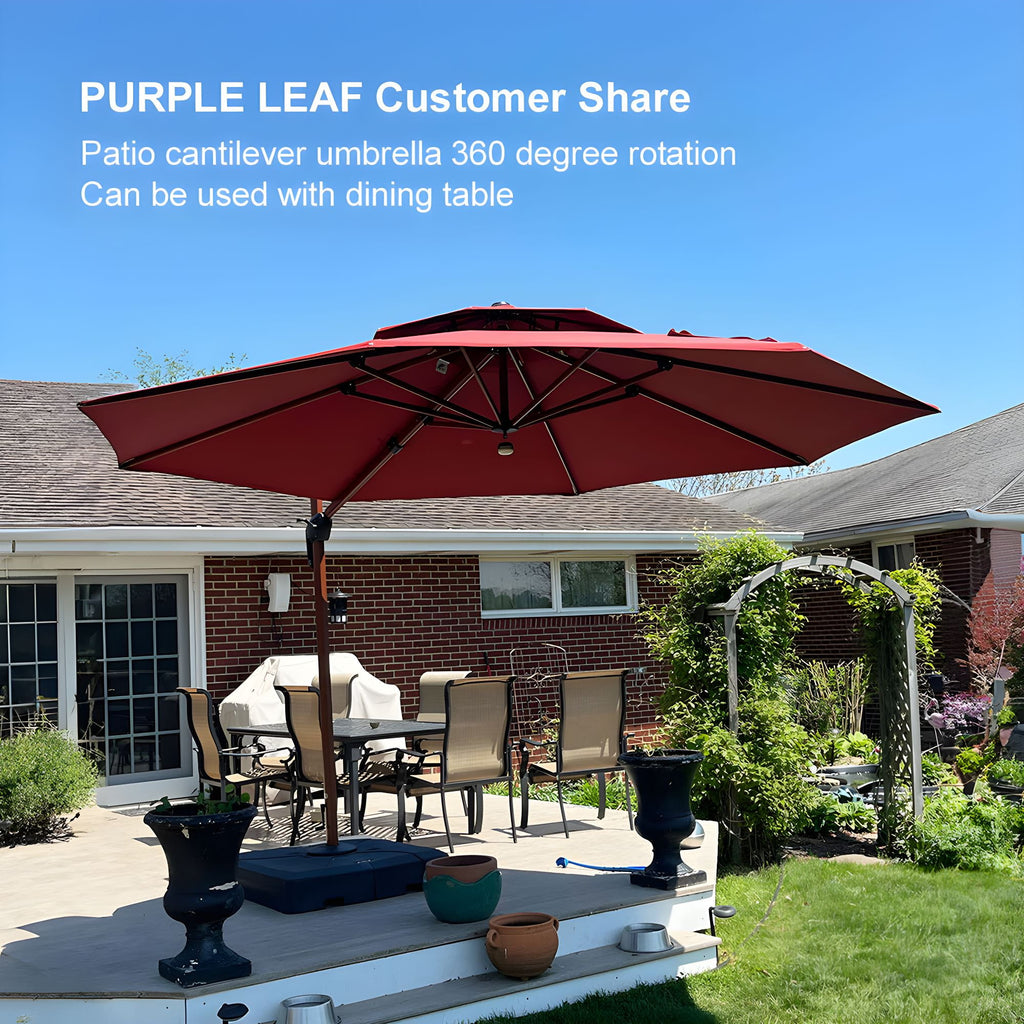 PURPLE LEAF 11FT Deluxe Round Wood Grain Patio Umbrella, Large Offset Cantilever Umbrella with 360° Rotation, Navy Blue