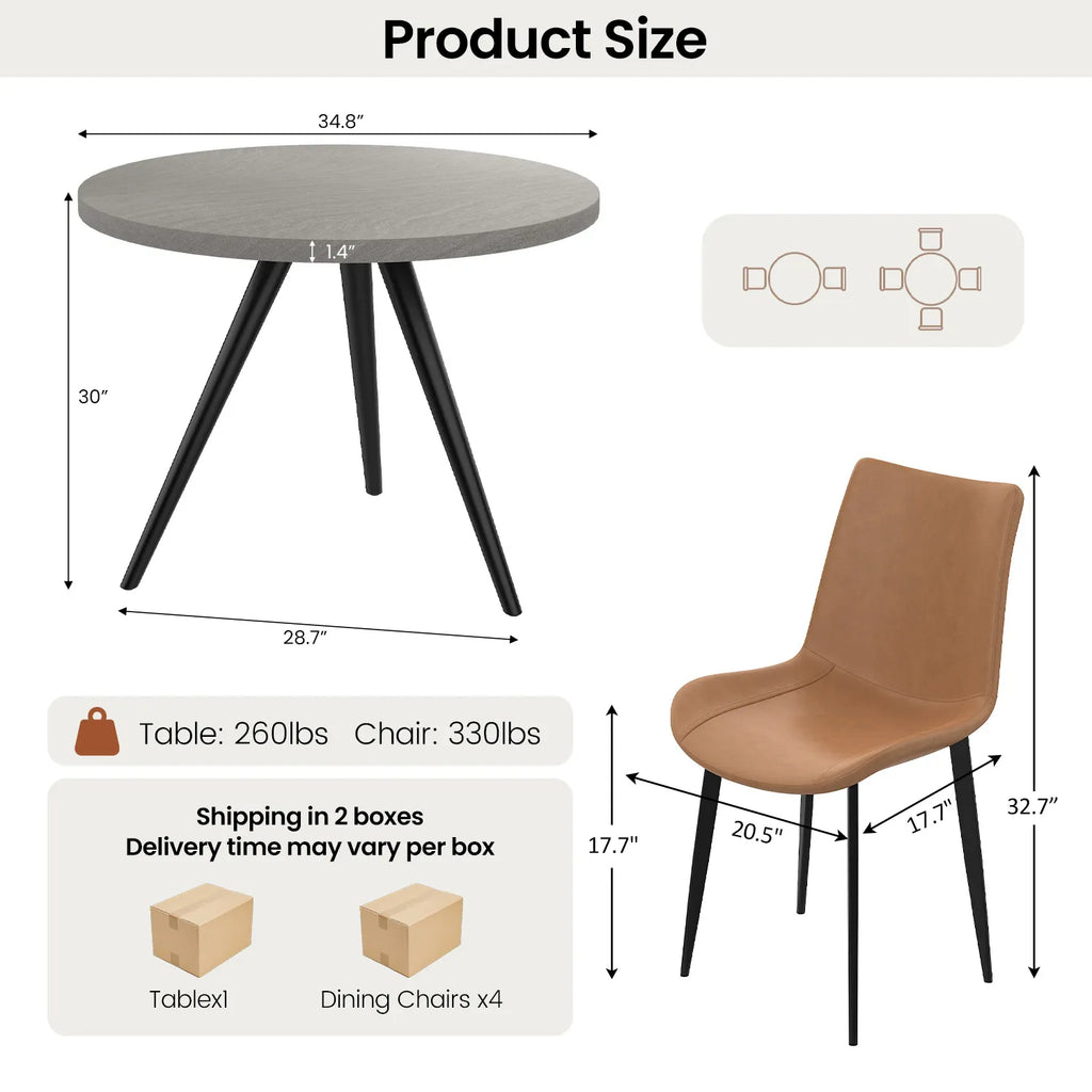 34.8 Round Dining Table Set for 4,5 Piece Mid-Century Modern Dining Set with 4 Upholstered Dining Chairs,Leisure Coffee Table for Kitchen Dining Room, Save Space