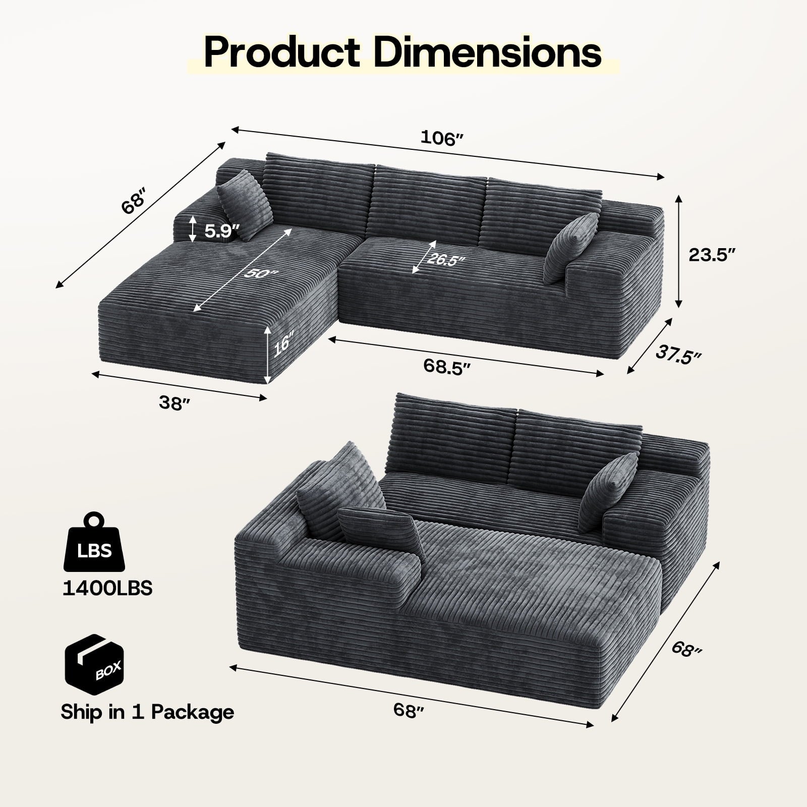 Patbrela 106 Sectional Couch for Living Room, L-Shaped Boneless Cloud Couch Corduroy Modern Sectional Sofa with Deep Seat and Thickened Cushion, No Assembly Required, Black