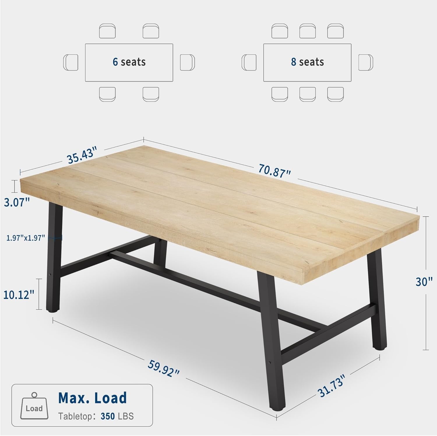 Industrial Dining Table for 6-8 People, 70.87 Long Wooden Kitchen Table with Sturdy Metal Frame & Natural Finish, Seats 6 Rectangular Counter for Dinner, Kitchen, Dining Room - Natural