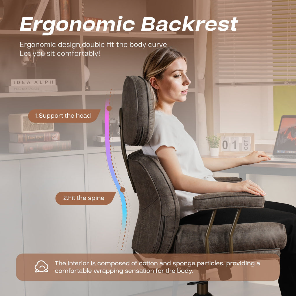 Toject Ergonomic Office Chair, High Back Big Comfy Home Office Chair with Lumbar Support, Mid-Century Modern Computer Executive Office Chair, Brown