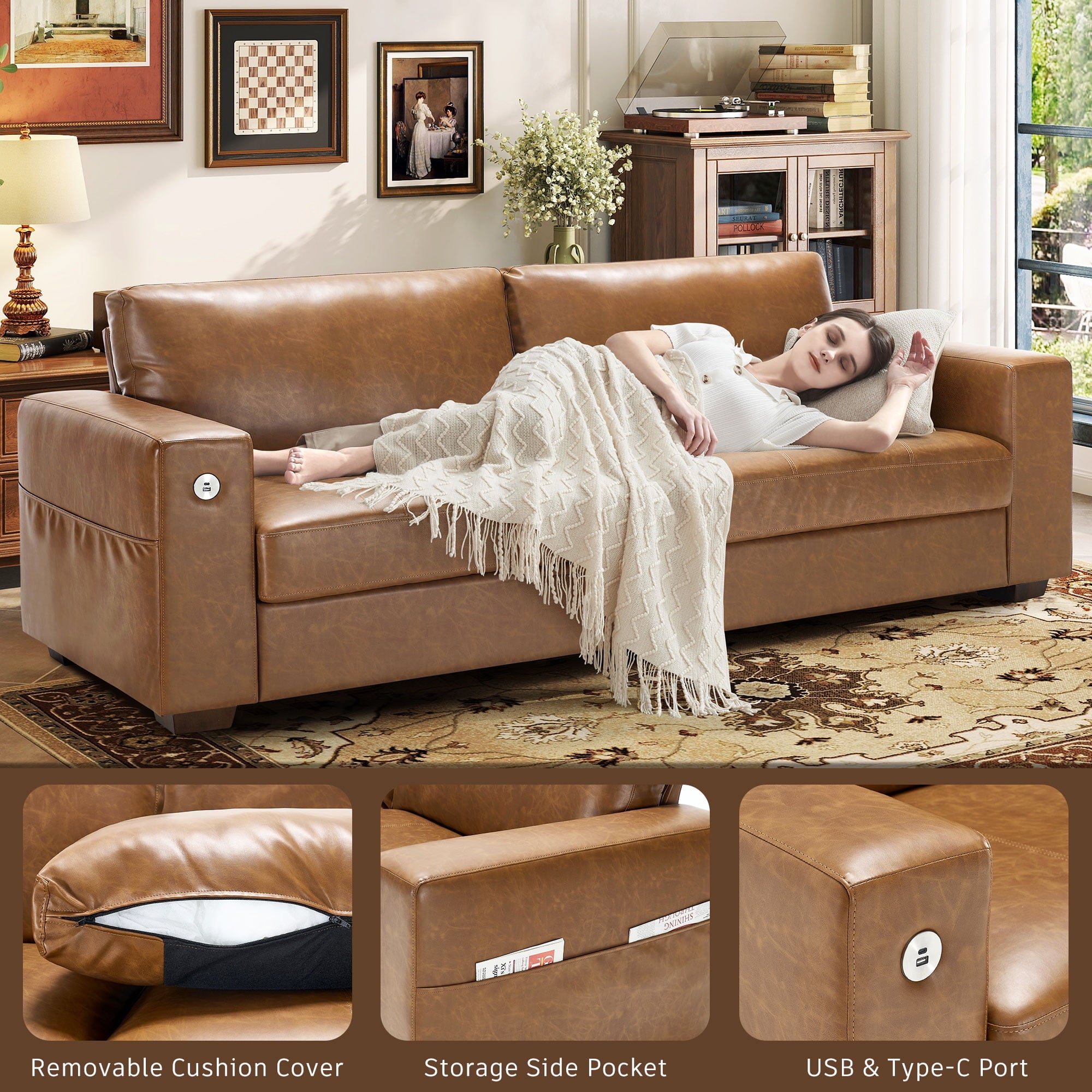 Bedluxury 89 Deep Sofa Couch with USB/Type-C Charging, Storage Pocket & Wide Armrest, Removable Cover, Seats 3 Adults, Chenille Beige