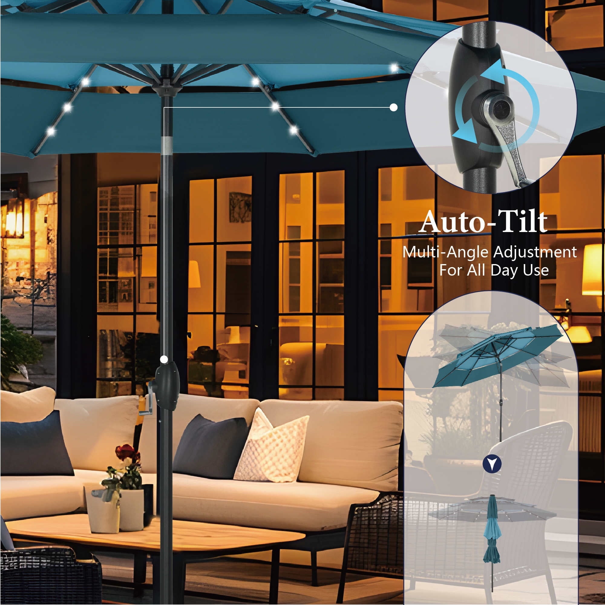 Summit Living 10ft Patio Umbrella with Solar Lights 3-Tier Vented Outdoor Market Umbrella with Auto-Tilt – Beige