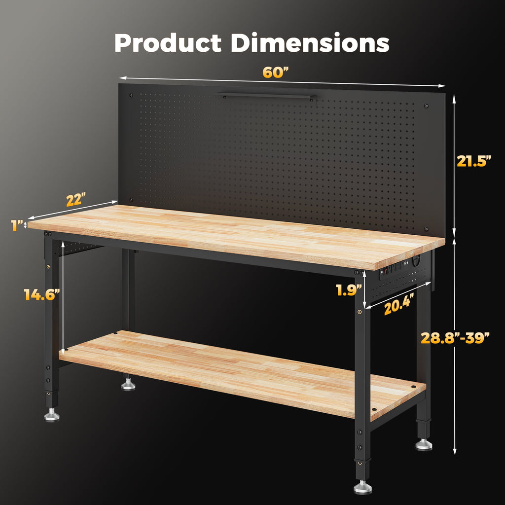 60 Multifunctional Heavy Duty Workbench for Garage with Pegboard,2000LBS Load,Adjustable Height,LED Light,Rubberwood Tabletop