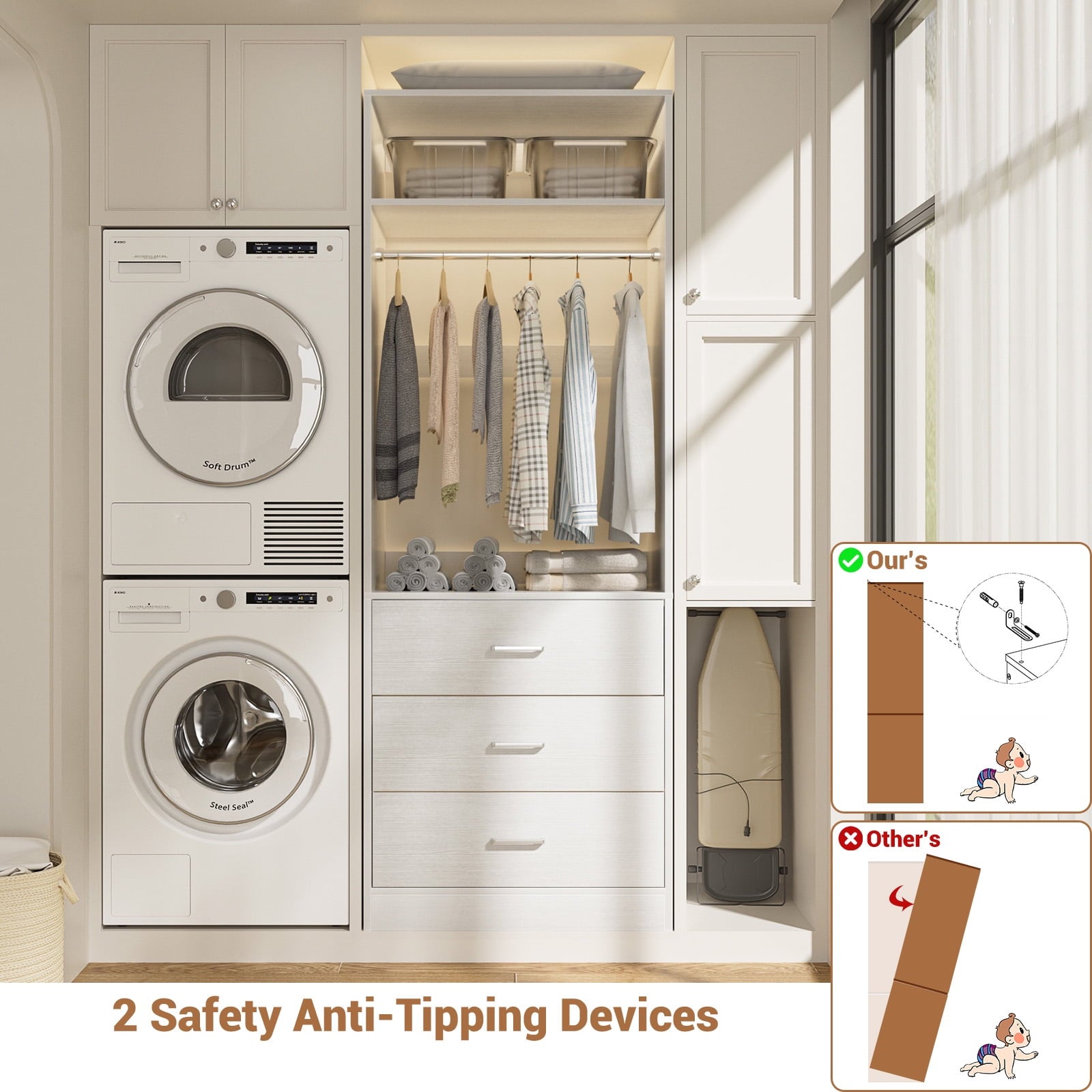 Homieasy Freestanding 2FT Closet System with 3 Wood Drawers, 24 Closet Organizer System with Hanging Rod & Shelves, Walk-in Closet Systems for Small Closets, White