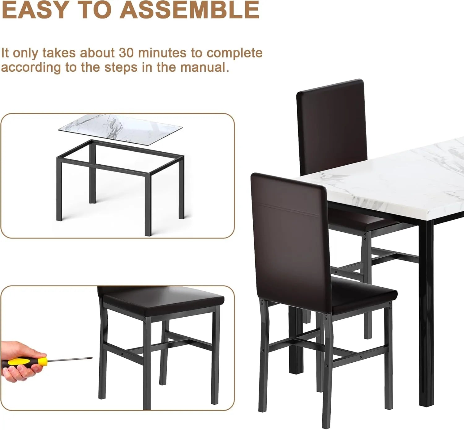 MOOSENG Dining Table Set for 4, Faux Marble Kitchen Table and Chairs Set of 4, 5-Piece Dining Room Set with PU Leather Upholstered Chairs for Small Space, Gray