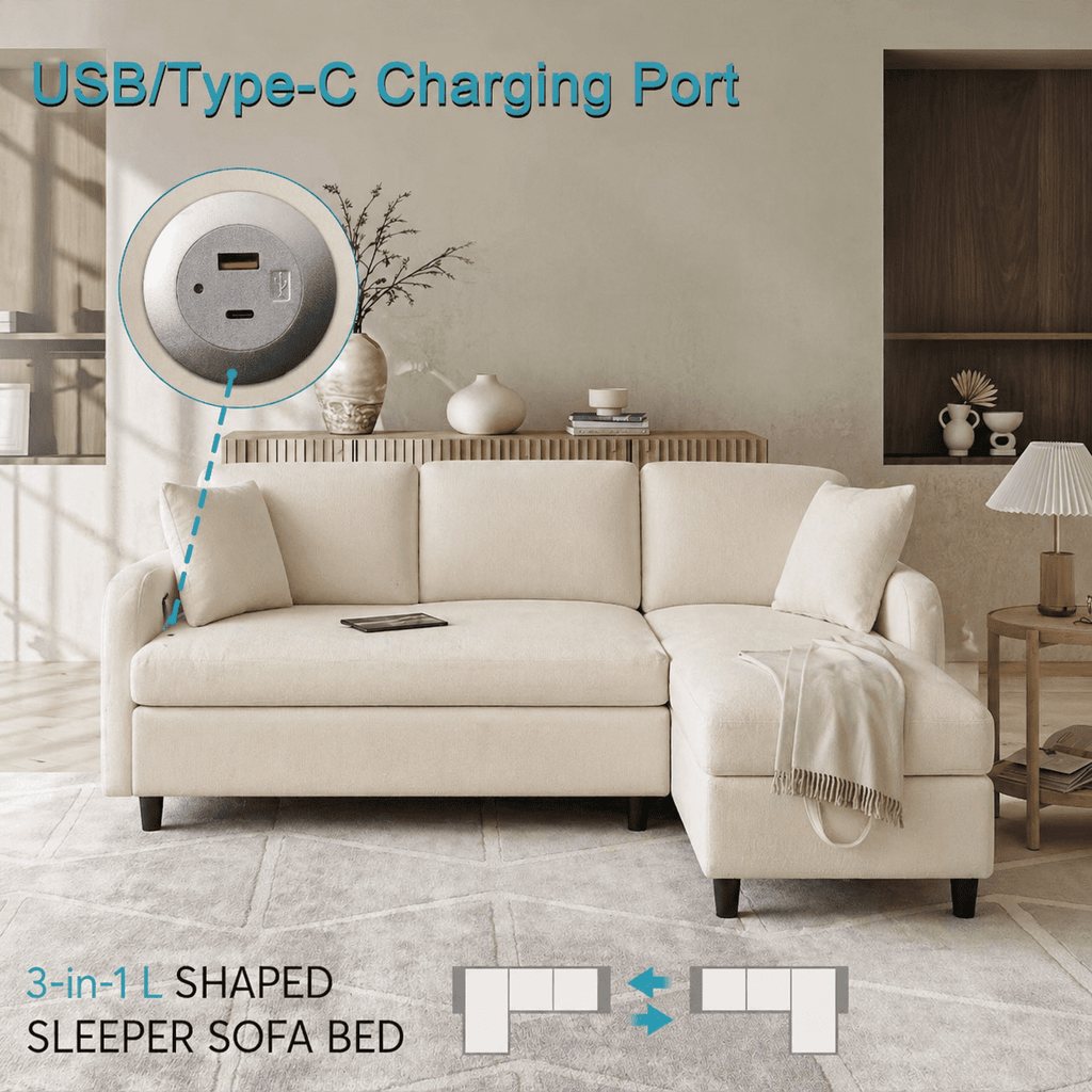 BINBANK L-Shaped Chenille Pull Out Sleeper and Storage Chaise Sectional Futon Sofa Bed with USB, Gray/Beige