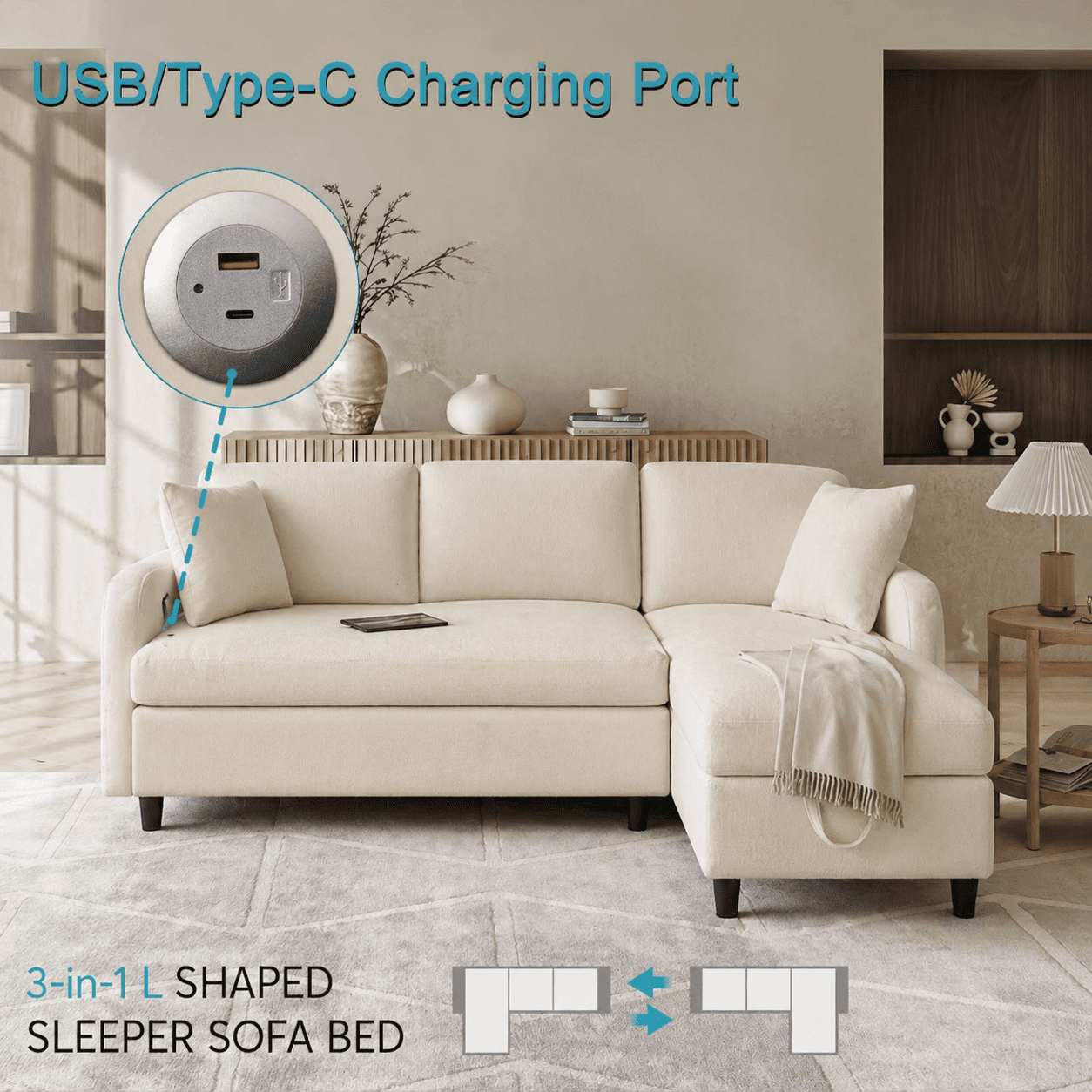 BINBANK L-Shaped Chenille Pull Out Sleeper and Storage Chaise Sectional Futon Sofa Bed with USB, Gray/Beige