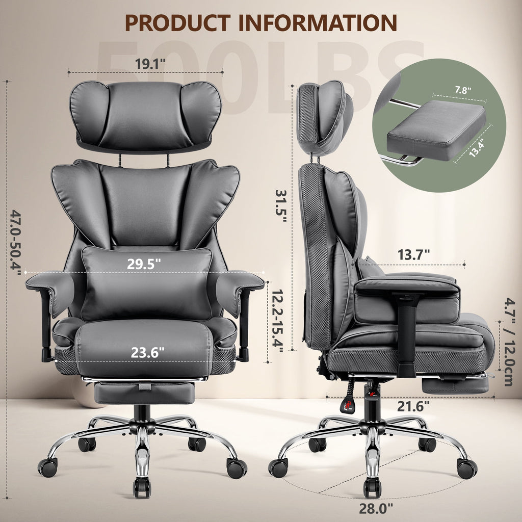 COOLHUT Big and Tall PU Leather Office Chair with Adjustable Headrest & Footrest, Executive Computer Desk Chair with 3D Adjustable Padded Armrest, Ergonomic Office Chair with Lumbar Support, Black