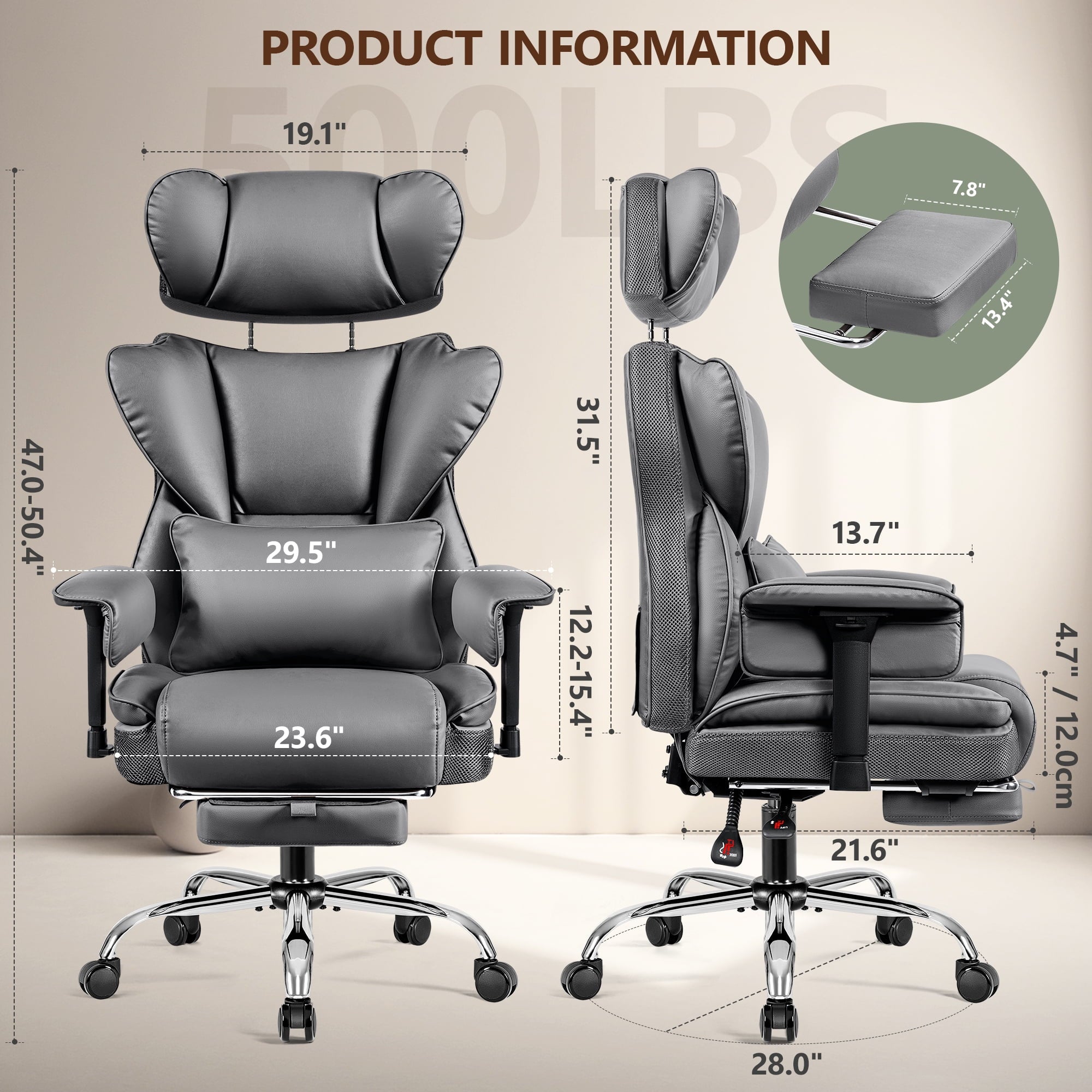 COOLHUT Big and Tall PU Leather Office Chair with Adjustable Headrest & Footrest, Executive Computer Desk Chair with 3D Adjustable Padded Armrest, Ergonomic Office Chair with Lumbar Support, Black