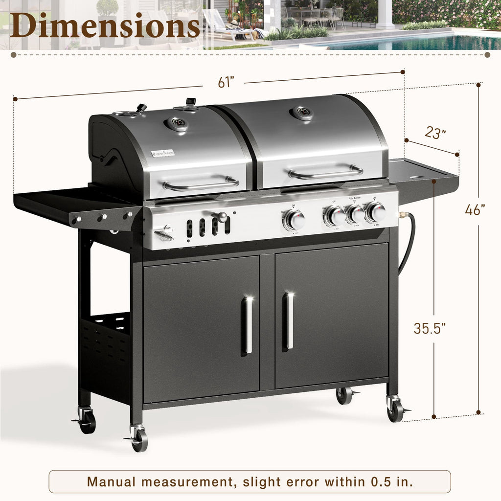 MF Studio Gas and Charcoal Grill Combo Dual Fuel 3-burner 37,000 BUT BBQ Grill with Side Burner