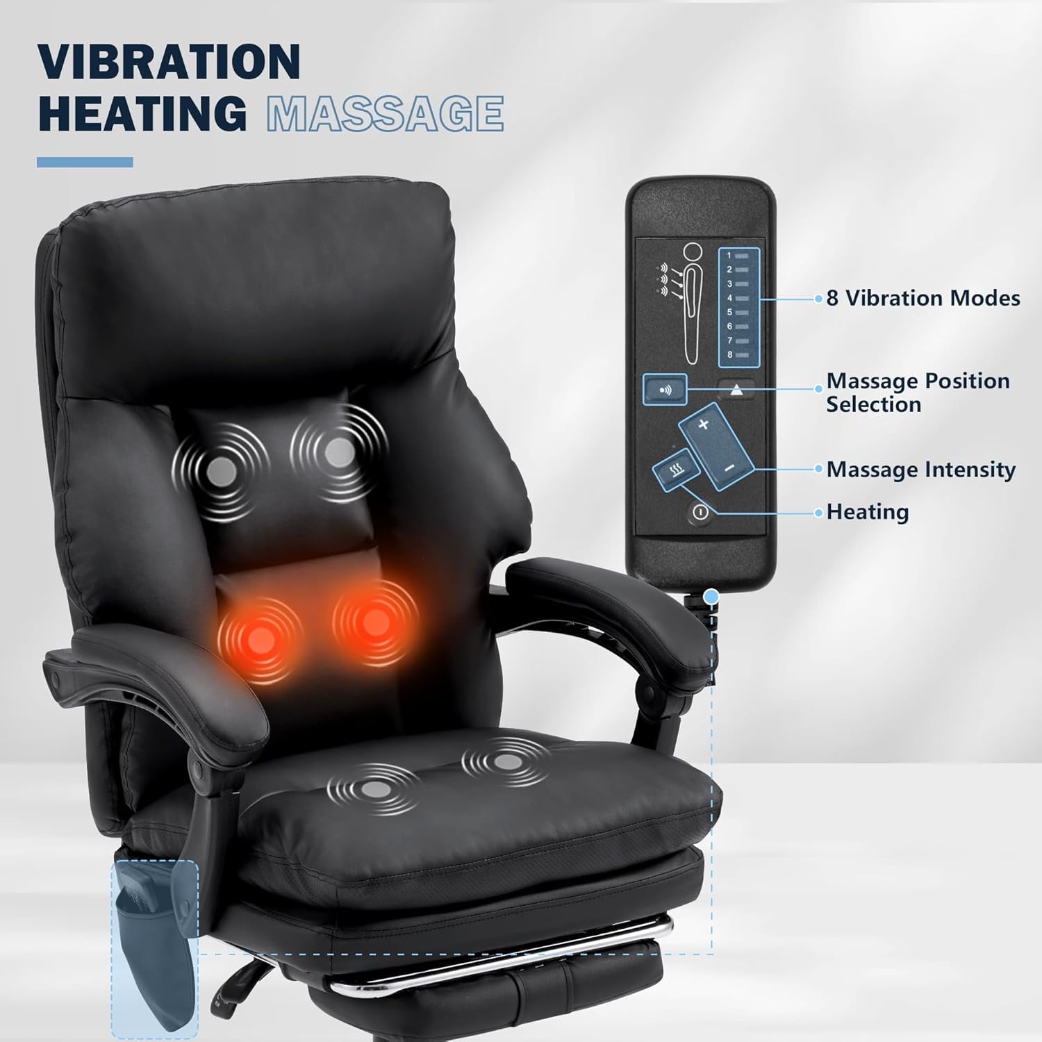 HOMREST Ergonomic Office Chair with 6-Point Massage & Heating, Adjustable Executive Desk Chair with Retractable Footrest, PU Leather Home Office Desk Chair for Home & Office (Black)
