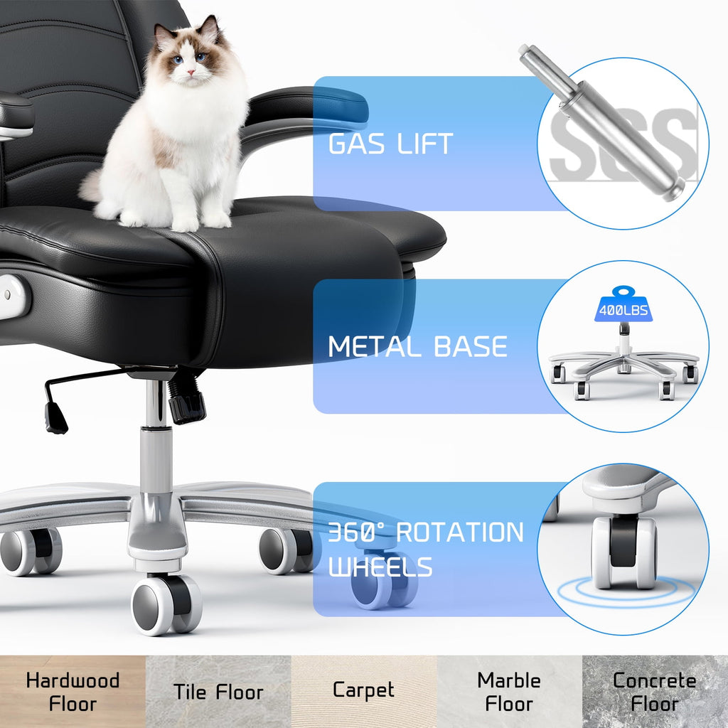 Ninecer Big and Tall Office Chair 400lb Wide Seat, Ergonomic High Back Leather Executive Desk Chair, Computer Chair with Flip-up Arms, Black