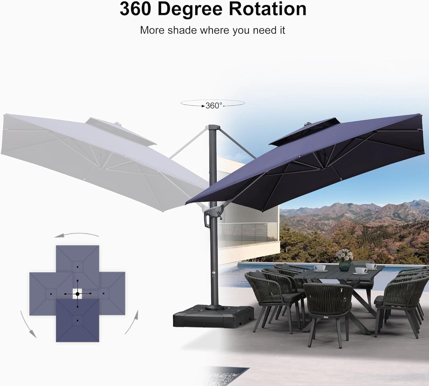 PURPLE LEAF Cantilever Umbrellas 12FT Square Large Patio Umbrella Offset Umbrella with 360°Rotation Tilting And Hanging Double Top, Grey