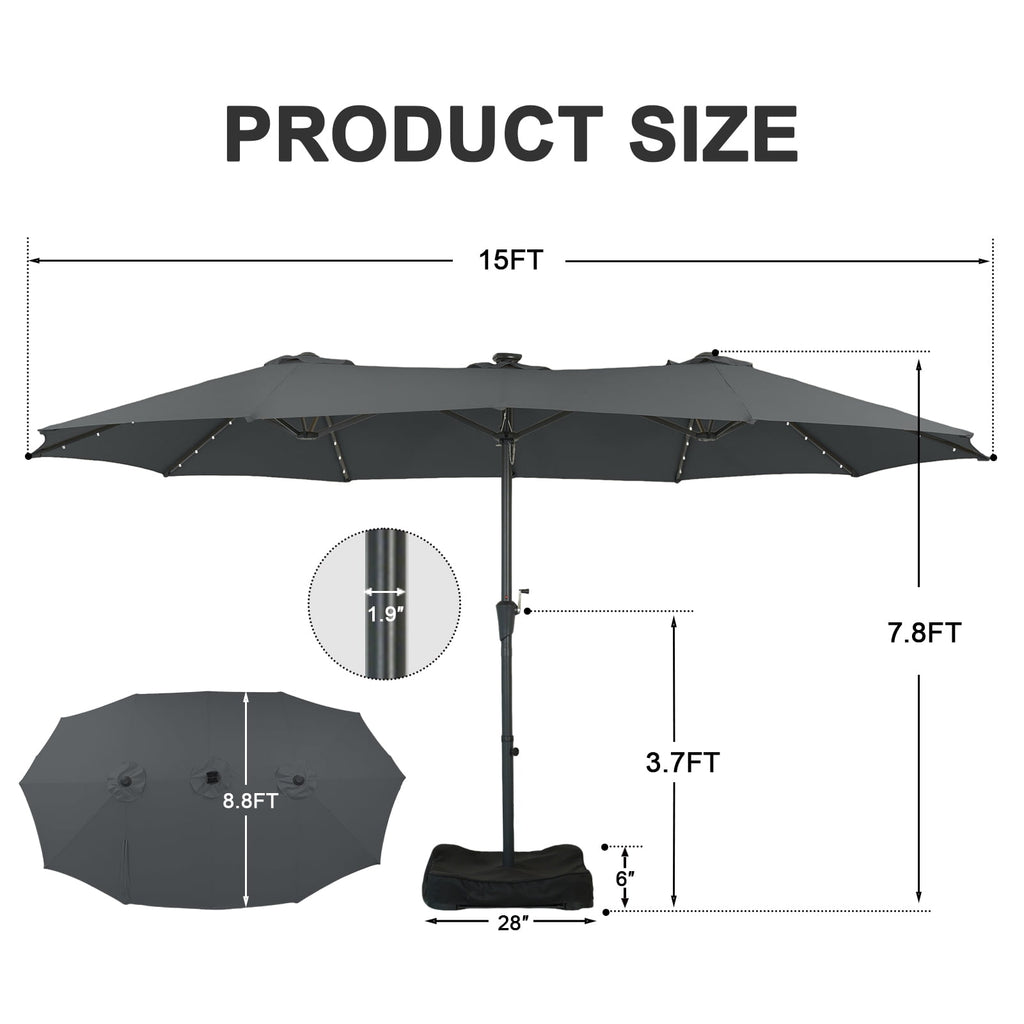 Ainfox 15ft Large Patio Umbrella with Solar Lights, Double-Sided Outdoor Rectangle Table Umbrellas with Sand Bag Base，Beige