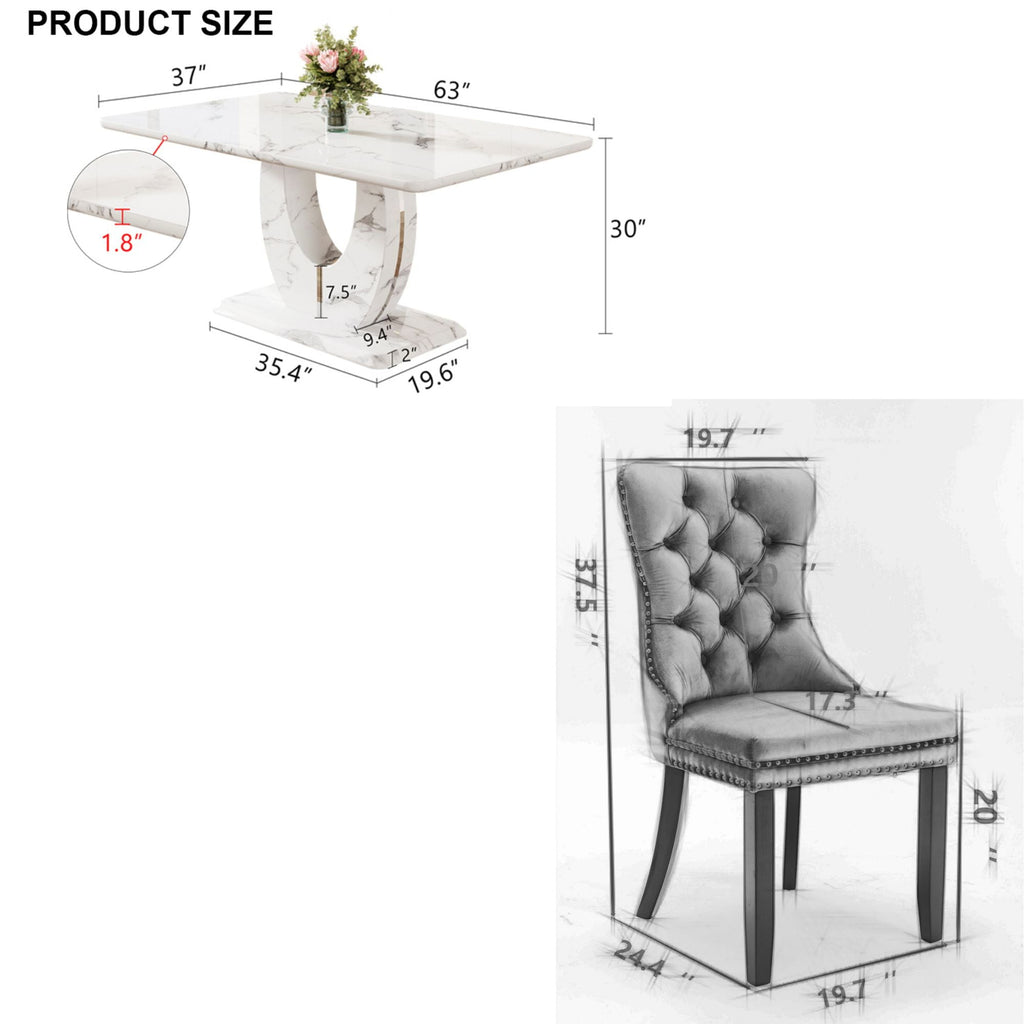 63 Modern White Rectangle Faux Marble Dining Table Room Sets for 4,Dining Table with 4 Velvet Dining Chairs,White Table and 4 Gray Chairs with Silver Leg