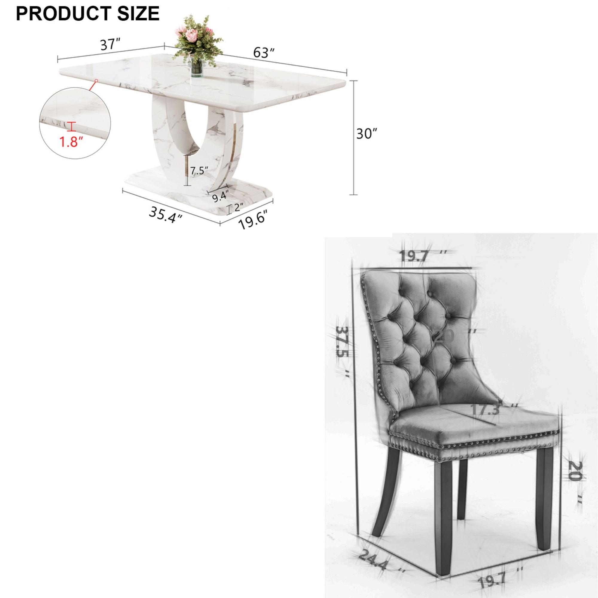 63 Modern White Rectangle Faux Marble Dining Table Room Sets for 4,Dining Table with 4 Velvet Dining Chairs,White Table and 4 Gray Chairs with Silver Leg