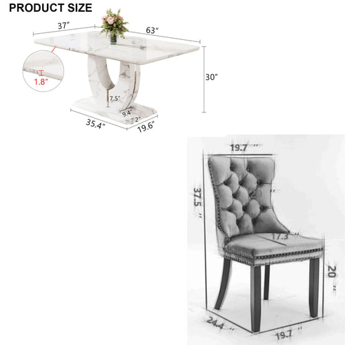 63 Modern White Rectangle Faux Marble Dining Table Room Sets for 4,Dining Table with 4 Velvet Dining Chairs,White Table and 4 Gray Chairs with Silver Leg