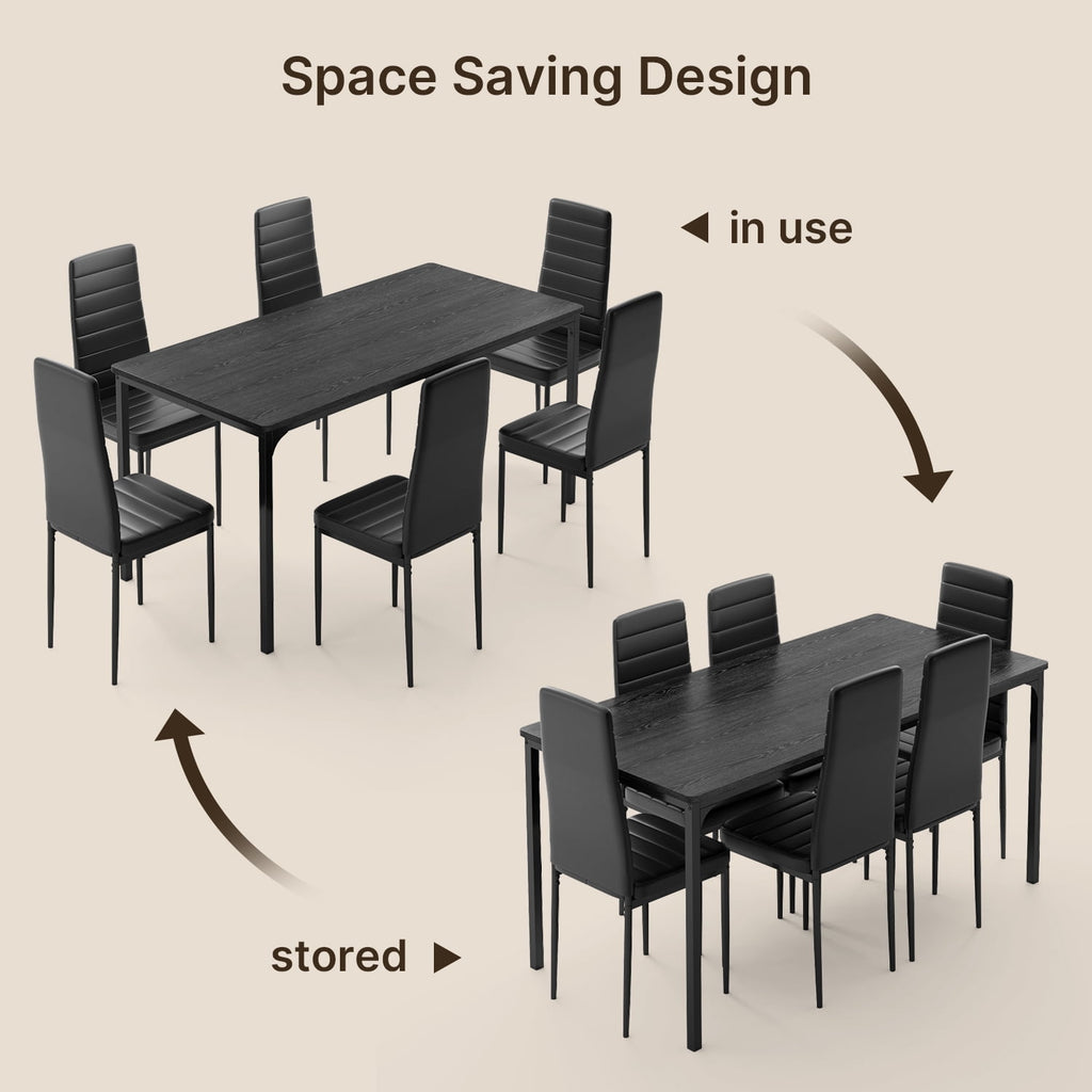 7 Piece Dining Table Set for 6, Kitchen Dining Room Furniture with 6 PU Leather Upholstered Chairs, Suitable for Apartment Small Space, Black