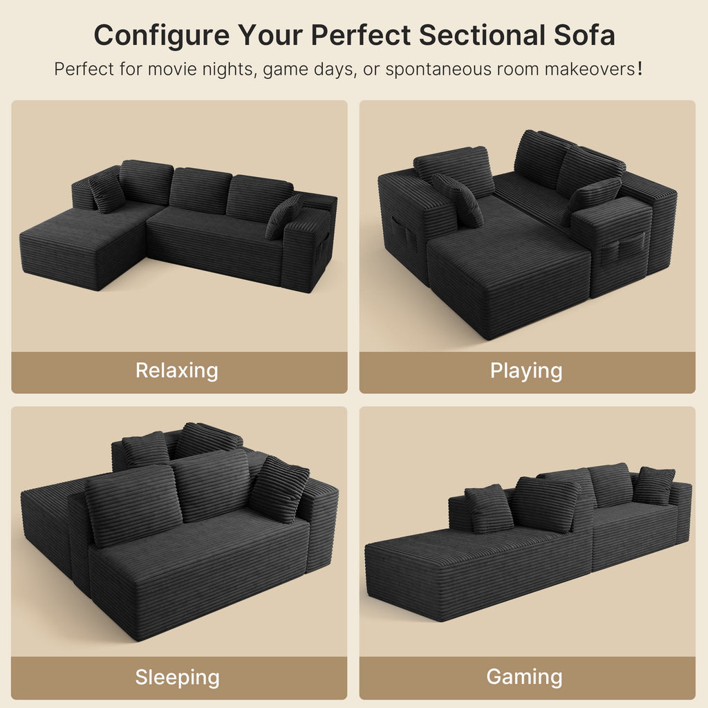 Sofa, Lofka 105 Free Assembly L-Shaped Sectional with Pet Friendly Corduroy Fabric, Black for Living Room/Apartment
