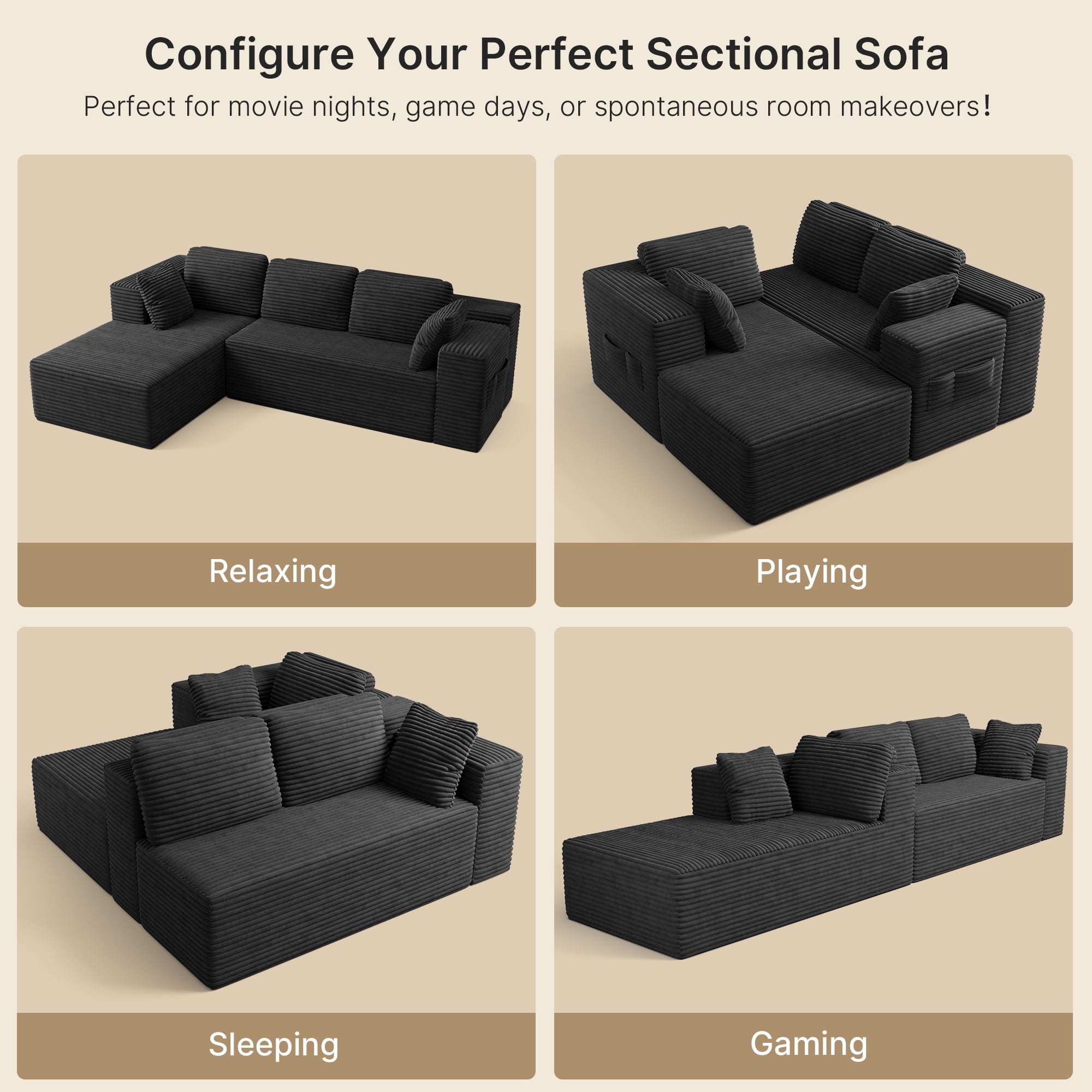 Sofa, Lofka 105 Free Assembly L-Shaped Sectional with Pet Friendly Corduroy Fabric, Black for Living Room/Apartment