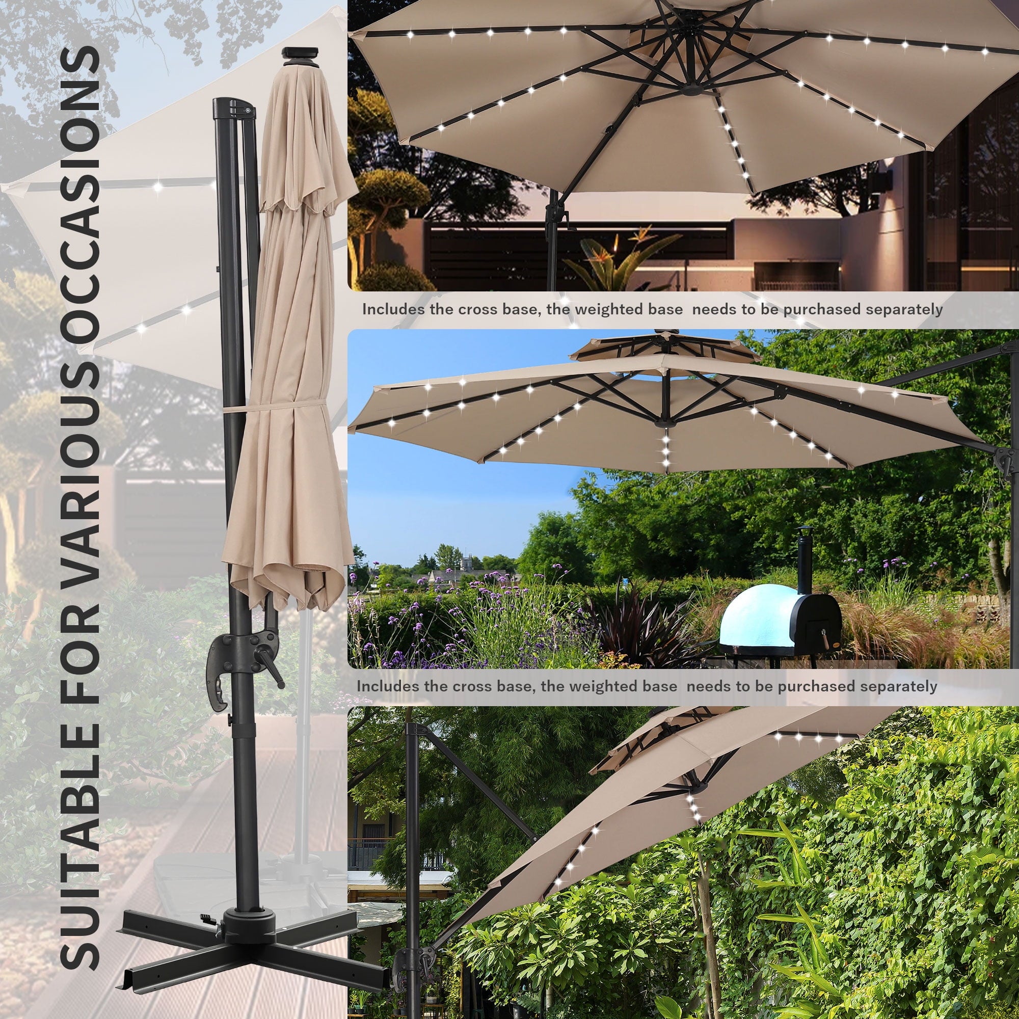 Ainfox 10ft Double Top Heavy-Duty Patio Cantilever Umbrella with lights and Cross Base, Outdoor Large Offset Hanging Aluminum Rotation Sun Shade Solar Umbrella with 360°Rotation Adjustable,Khaki