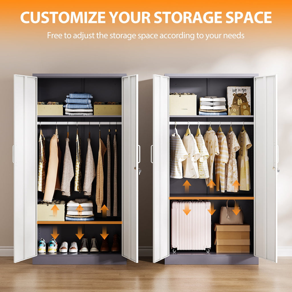 STANI Metal Wardrobe Closet with Hanging Rod, 72 White Armoire Wardrobe Cabinet with Adjustable Shelves, Clothes Storage Organizer Cabinets for Bedroom, Bathroom, Office