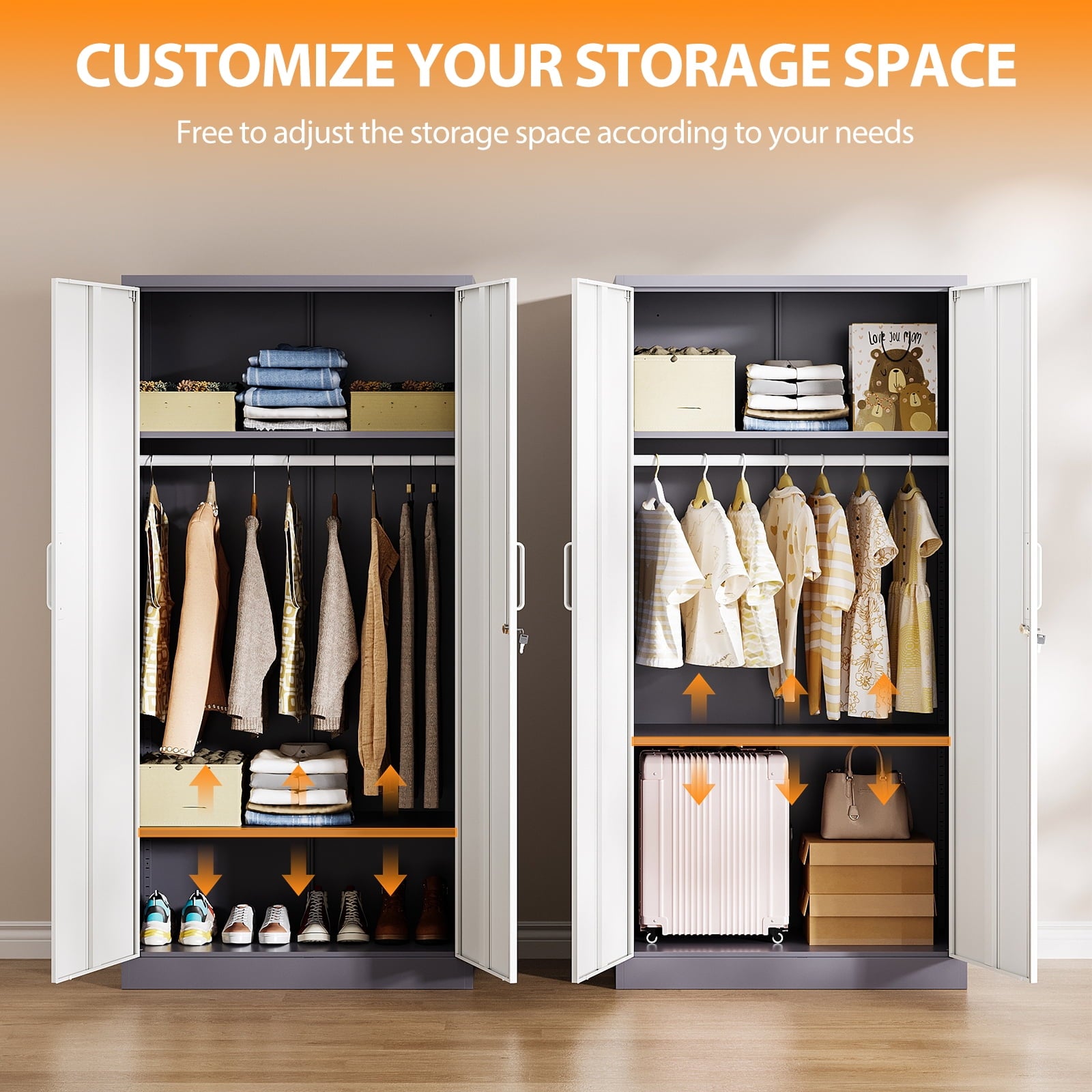 STANI Metal Wardrobe Closet with Hanging Rod, 72 White Armoire Wardrobe Cabinet with Adjustable Shelves, Clothes Storage Organizer Cabinets for Bedroom, Bathroom, Office