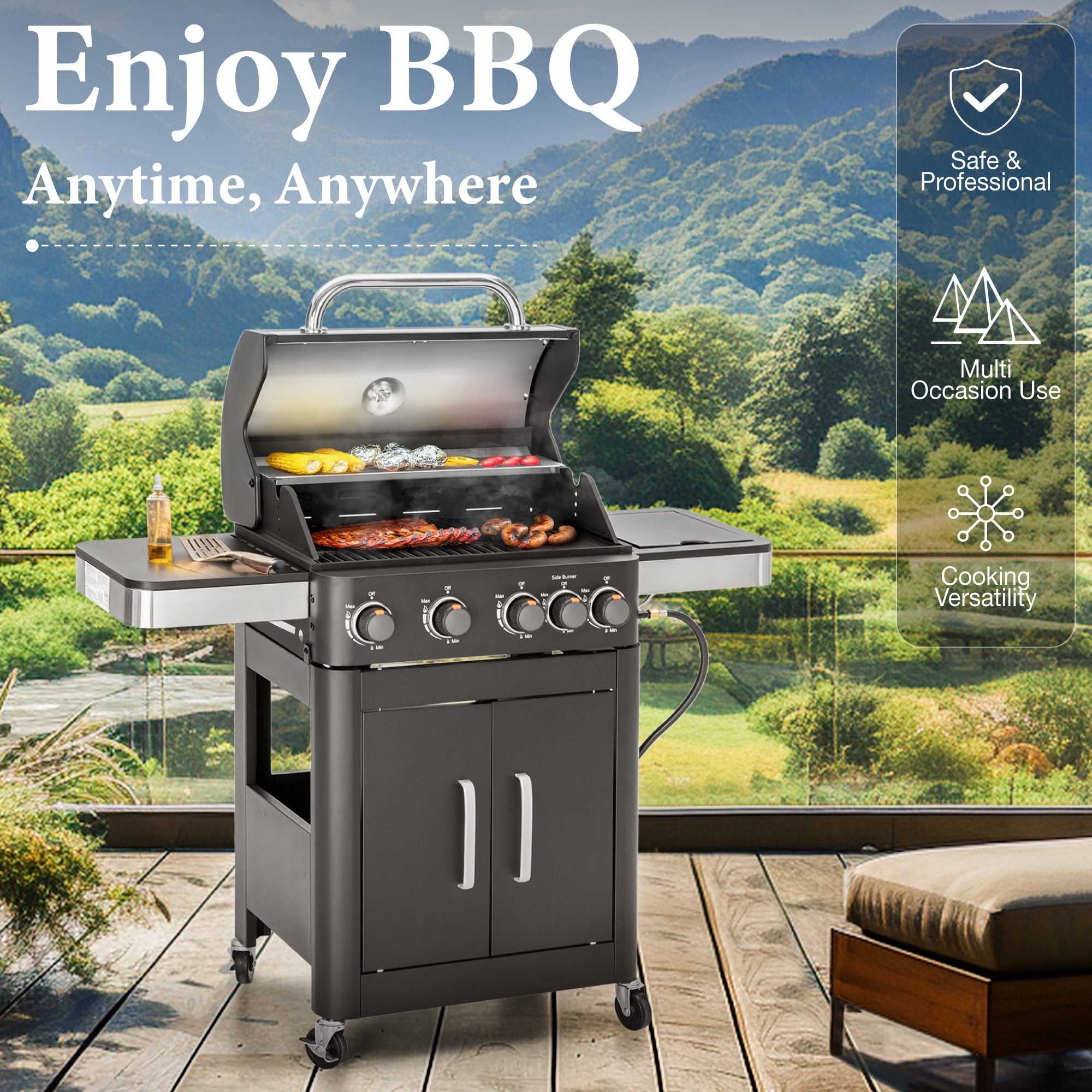 MF Studio 4 Burner Propane Gas Grill and Griddle Combo with Side Burner BBQ Grill - Black