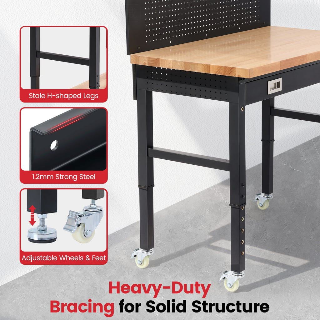 Workbench for Garage,ENJOYWOOD Heavy Duty 48 inch Wood Work Bench with Drawers,Led Lights, Pegboard and Wheels,Rubber Wood Tabletop,2000 LBS Load Bearing Workstation Garage Desk Table Worktable