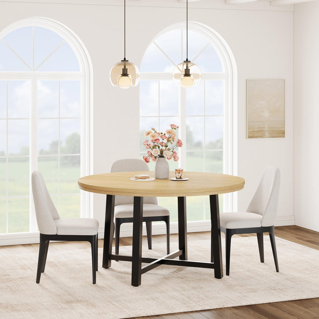 31.5 Round Dining Table for 4 People, Modern Wood Circle Kitchen Table with Sturdy Industrial Metal Frame, Small Space Saving Dining Room Table for Apartment & Breakfast Nook, (No Chairs), Walnut