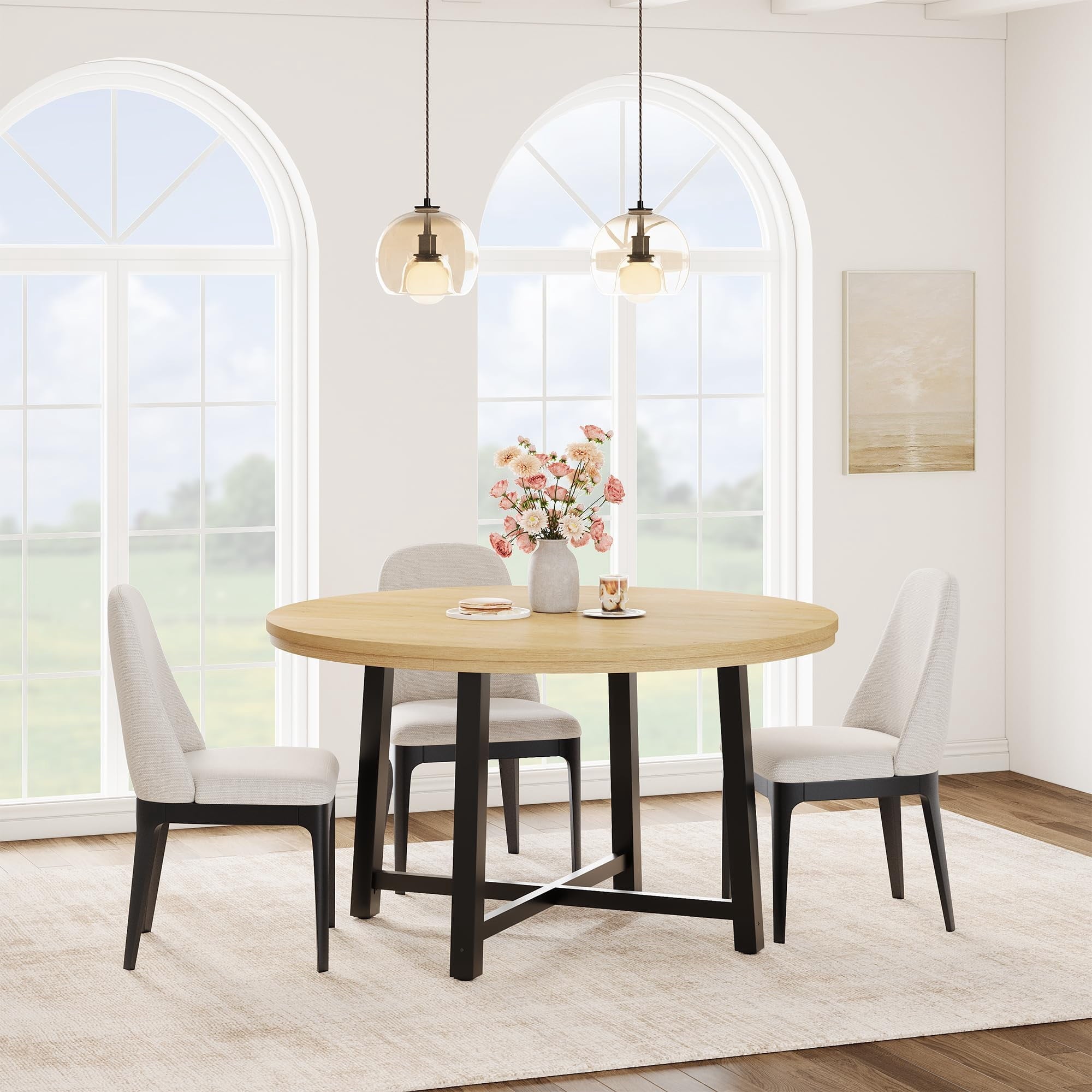 31.5 Round Dining Table for 4 People, Modern Wood Circle Kitchen Table with Sturdy Industrial Metal Frame, Small Space Saving Dining Room Table for Apartment & Breakfast Nook, (No Chairs), Walnut