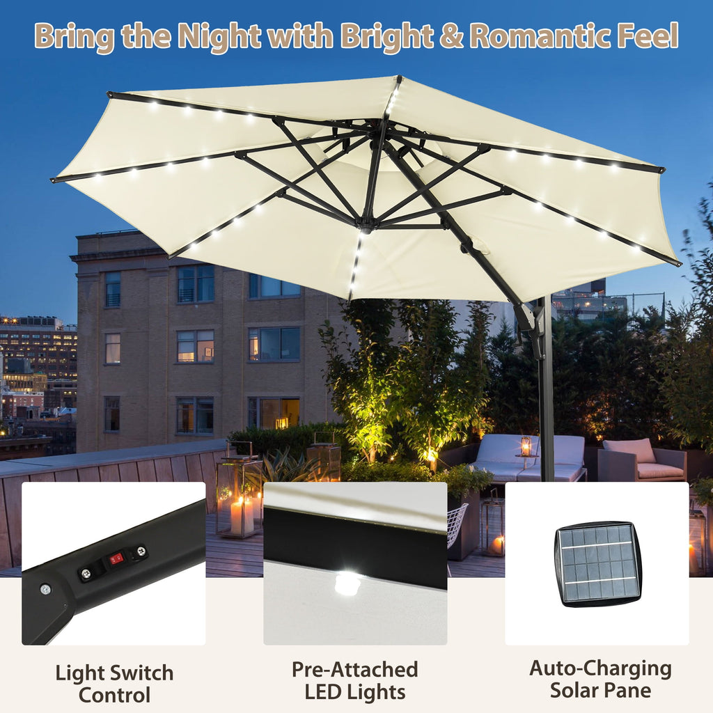 Autlaycil 10' Patio Cantilever Umbrella with Solar Lights, 5 Years Fade Resistance, Aluminum Offset Umbrella with 360-degree Rotation, Beige