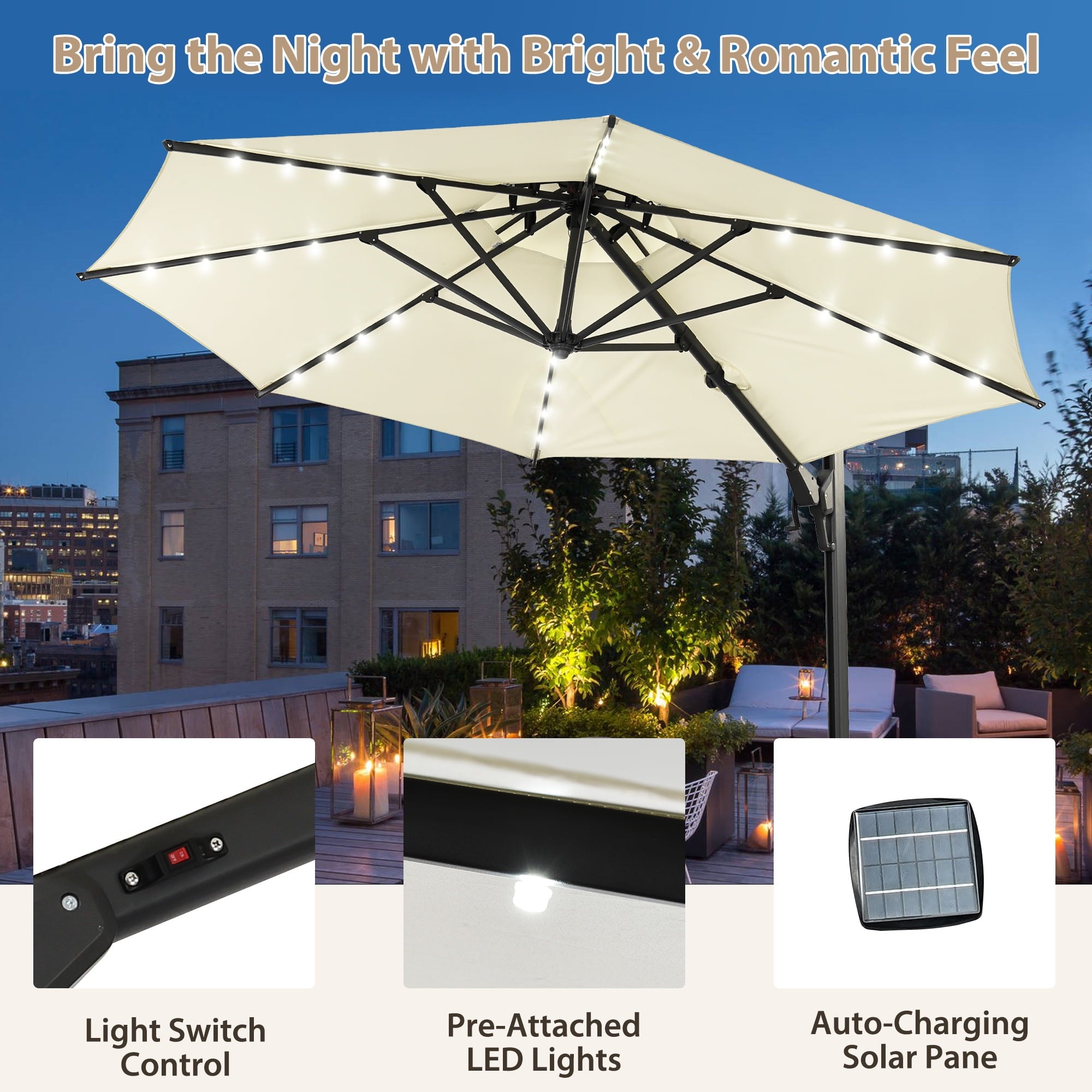 Autlaycil 10' Patio Cantilever Umbrella with Solar Lights, 5 Years Fade Resistance, Aluminum Offset Umbrella with 360-degree Rotation, Beige