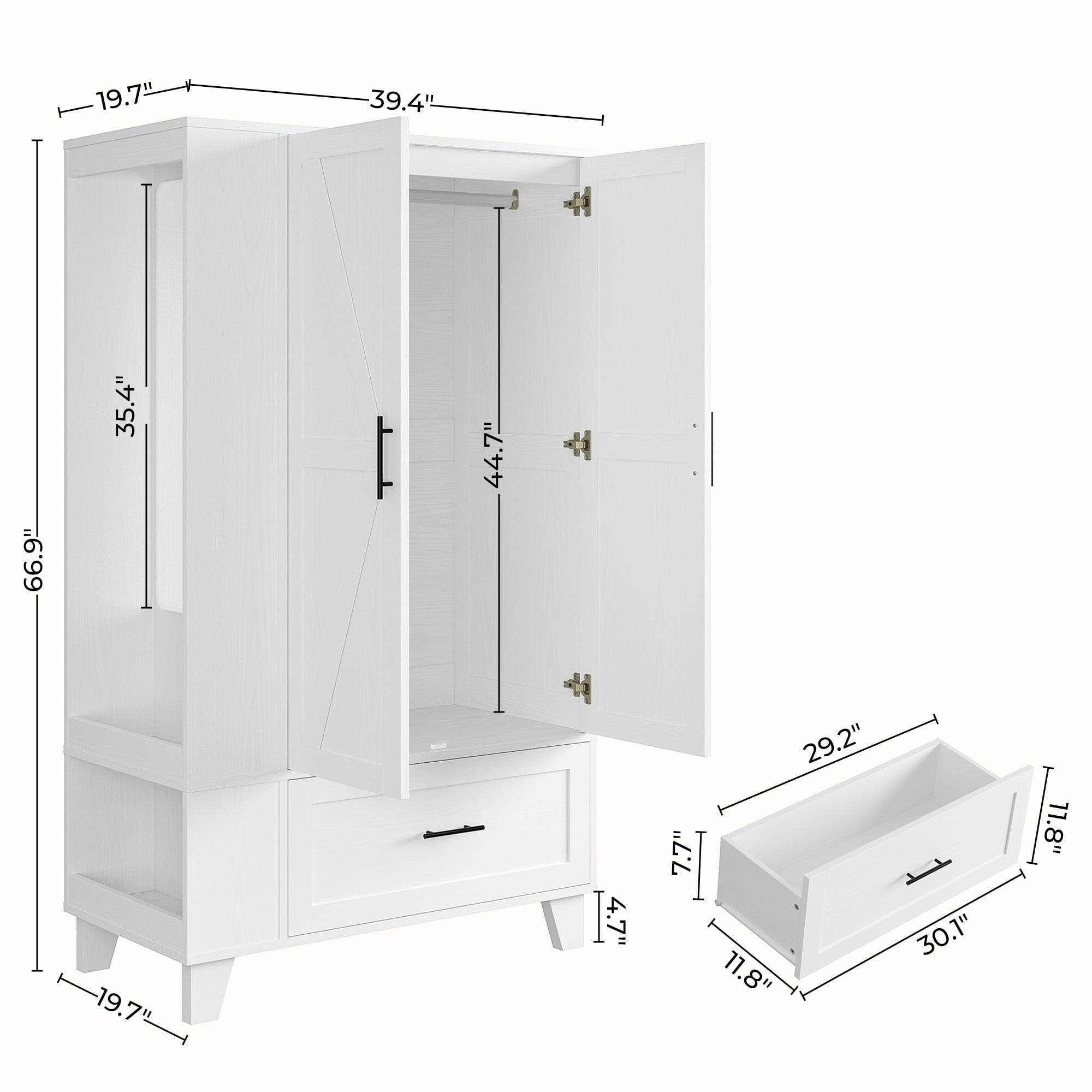 IRONCK 67 Tall Wardrobe Closet with Mirror & Drawer, White Wooden Bedroom Armoire Cabinet with Side Shelves and Hooks