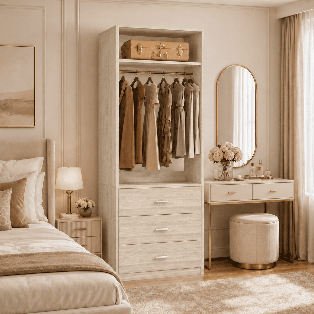 Homieasy Freestanding 2FT Closet System with 3 Wood Drawers, 24 Closet Organizer System with Hanging Rod & Shelves, Walk-in Closet Systems for Small Closets, White