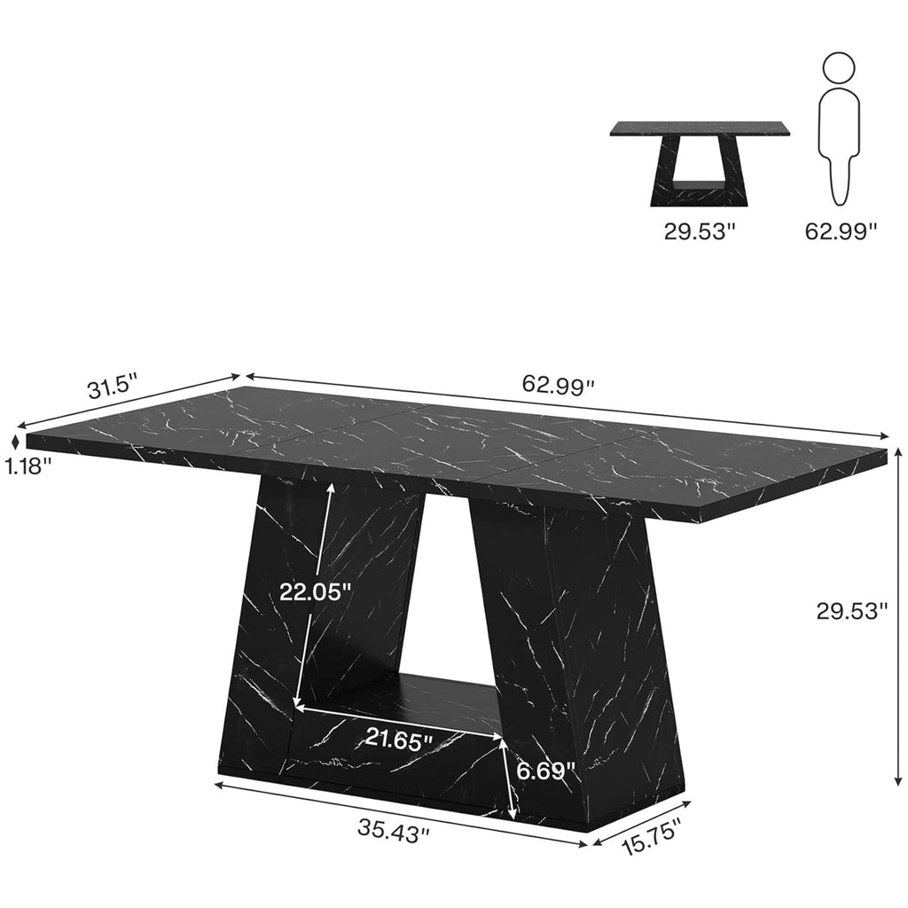 Modern Faux Marble Dining Table, 63 Rectangular 4-6 Seater Wood Table with Sturdy Base, Kitchen Living Room Dinner Table
