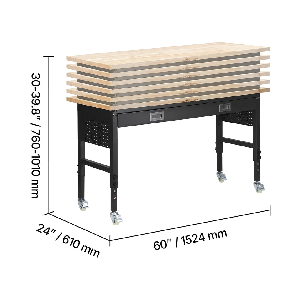 VEVOR 60-inch Adjustable Workbench, 1500 lbs Load Capacity, Garage Workbench with Drawer, Power Outlet, Wheels, and Pegboard, Heavy Duty Oak Wood Top Work Table for Garage, Workshop, Office, and Home