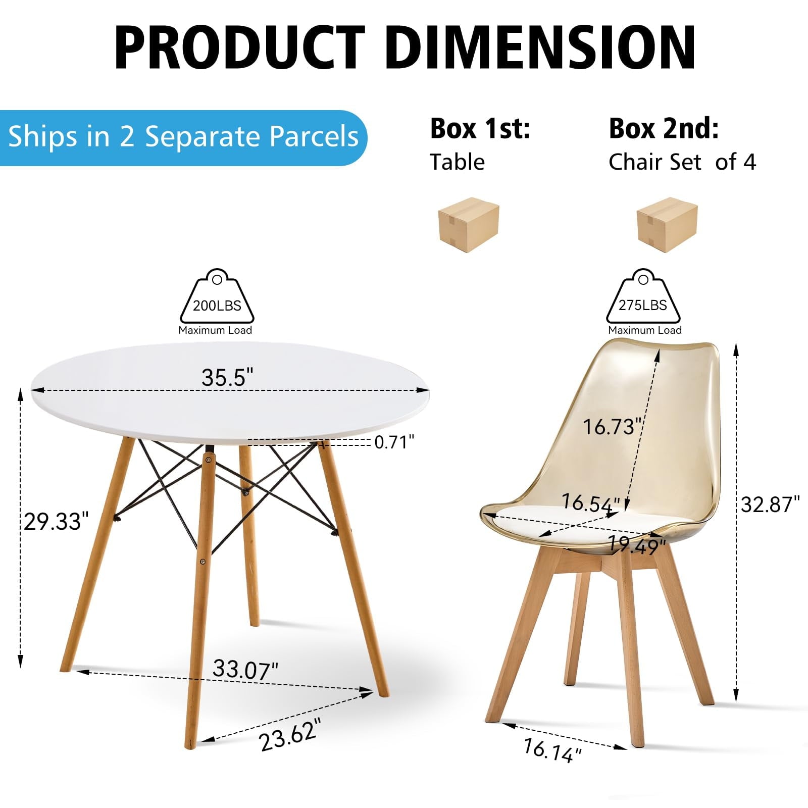 5-Piece 35.5'' Round Dining Table Set for 4, Kitchen Table Chair Set of 4, Mid-Century Modern Dinette Dining Room Table Set Dinner Table for 4 W/Solid Wood Legs, White