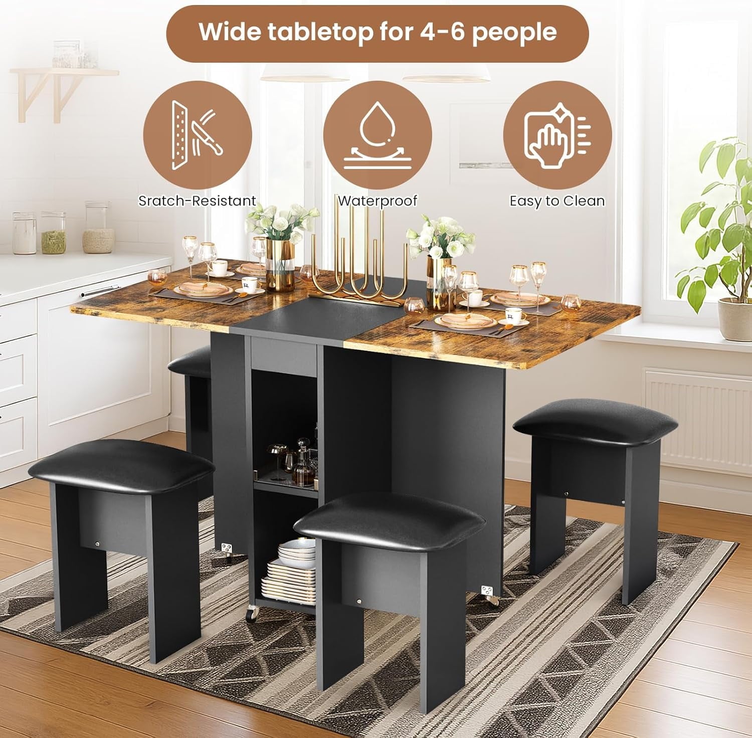MIERES Folding Dining Table Set for 4, Dinner Table with 4 Leather Chairs and Shelves, Space Saving Foldable Dining Table with 6 Wheels, Kitchen Table for Small Spaces (Grey)