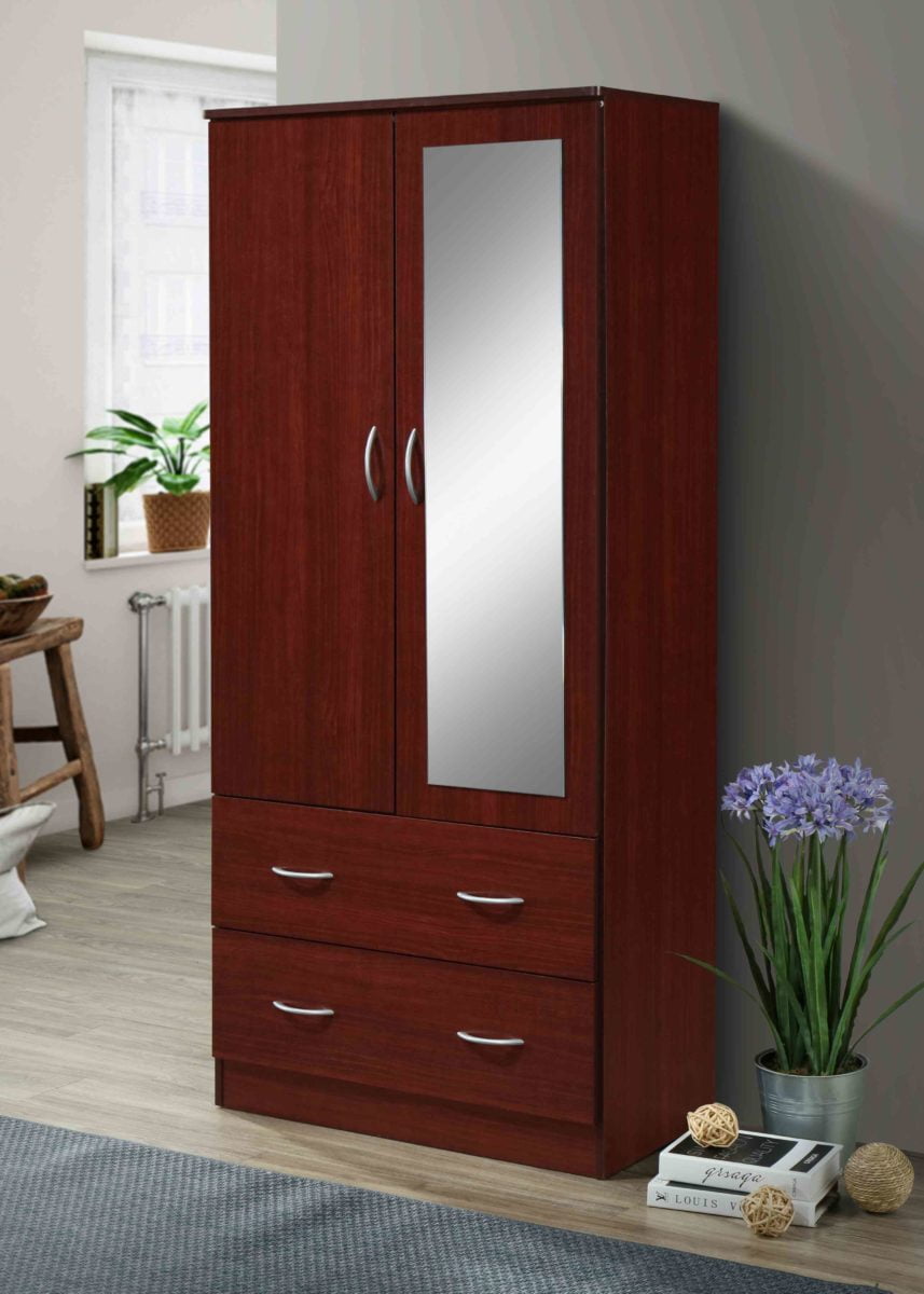 Hodedah Two Door Wardrobe with Two Drawers and Hanging Rod plus Mirror, Black